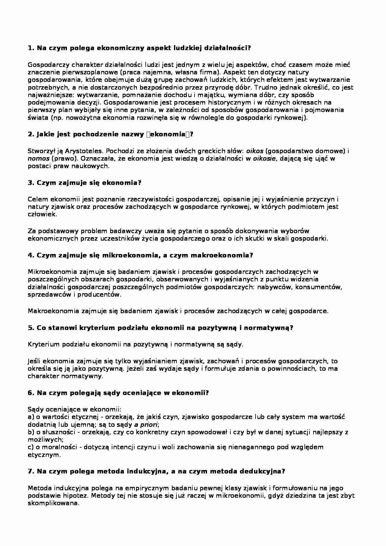 Mikroekonomia - zagadnienia na egzamin 1 - strona 1