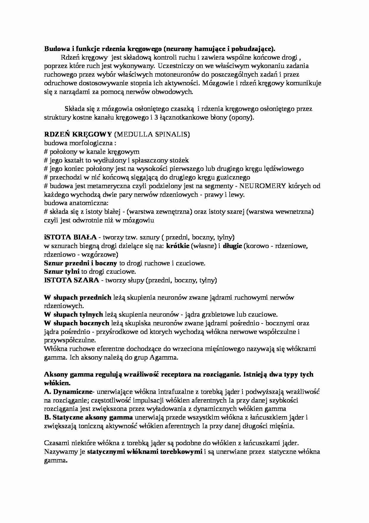 Budowa i funkcje rdzenia kręgowego - omówienie, sem I-IV - strona 1