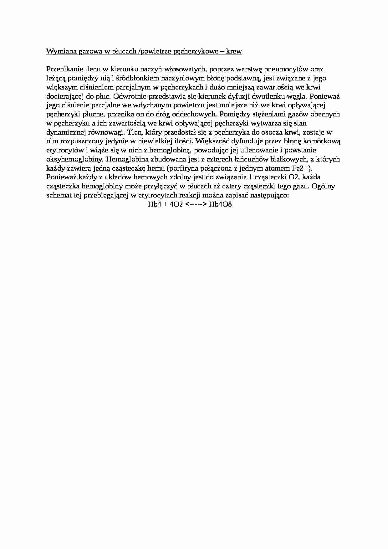 Opracowanie - wymiana gazowa w płucach - strona 1