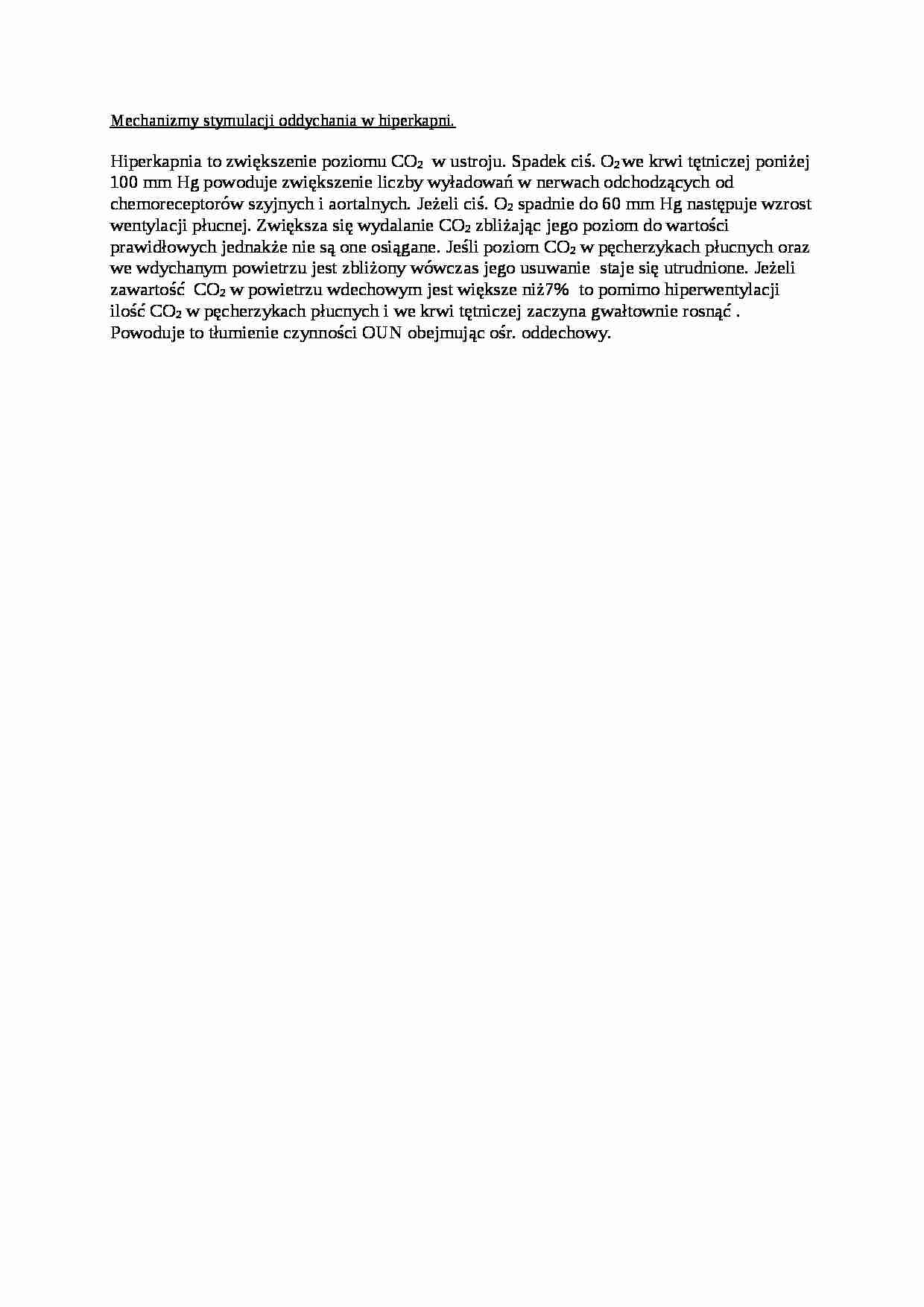 Opracowanie - mechanizm stymulacji oddychania w hiperkapni - strona 1