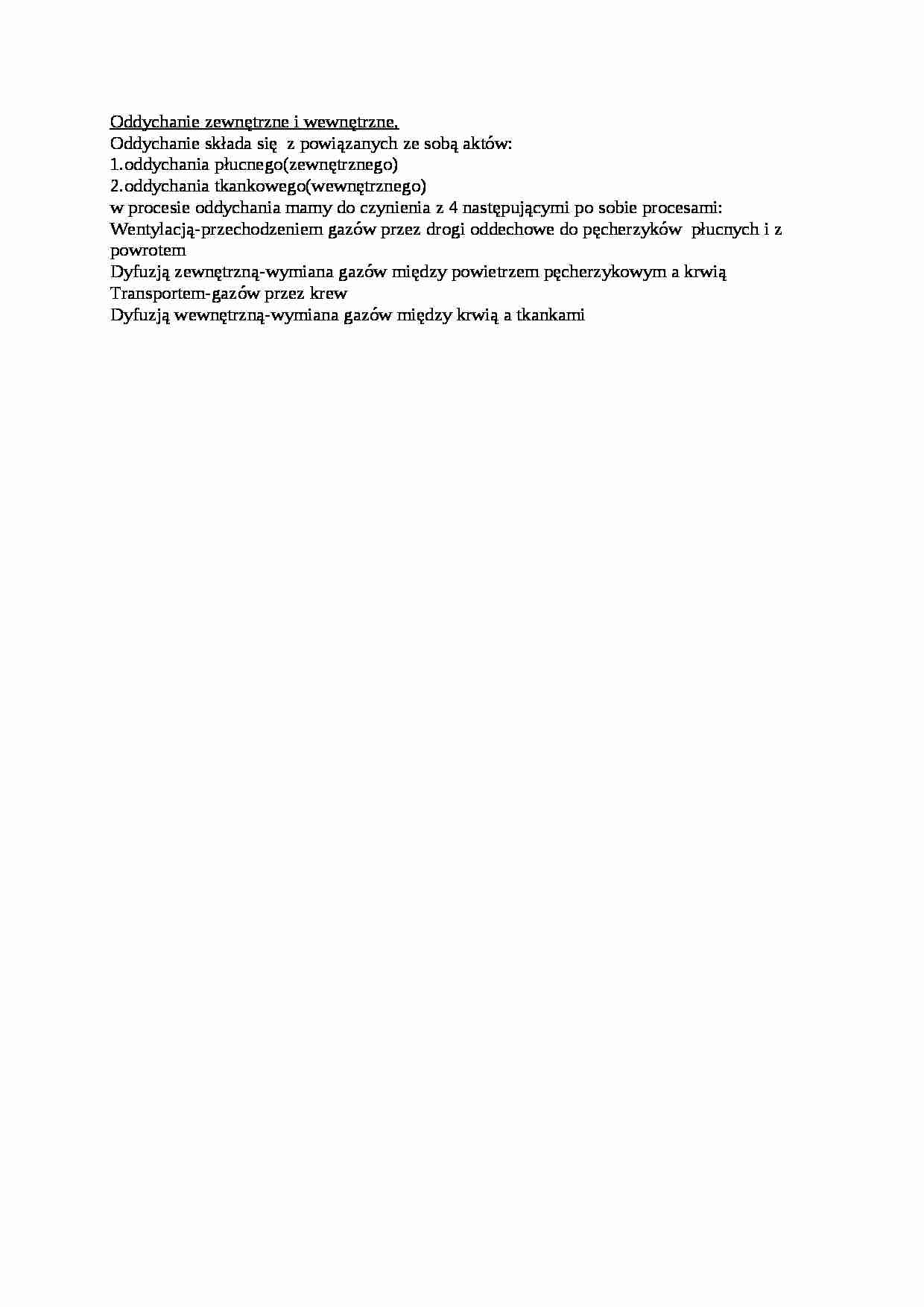Opracowanie - oddychanie zewnętrzne i wewnętrzne - strona 1