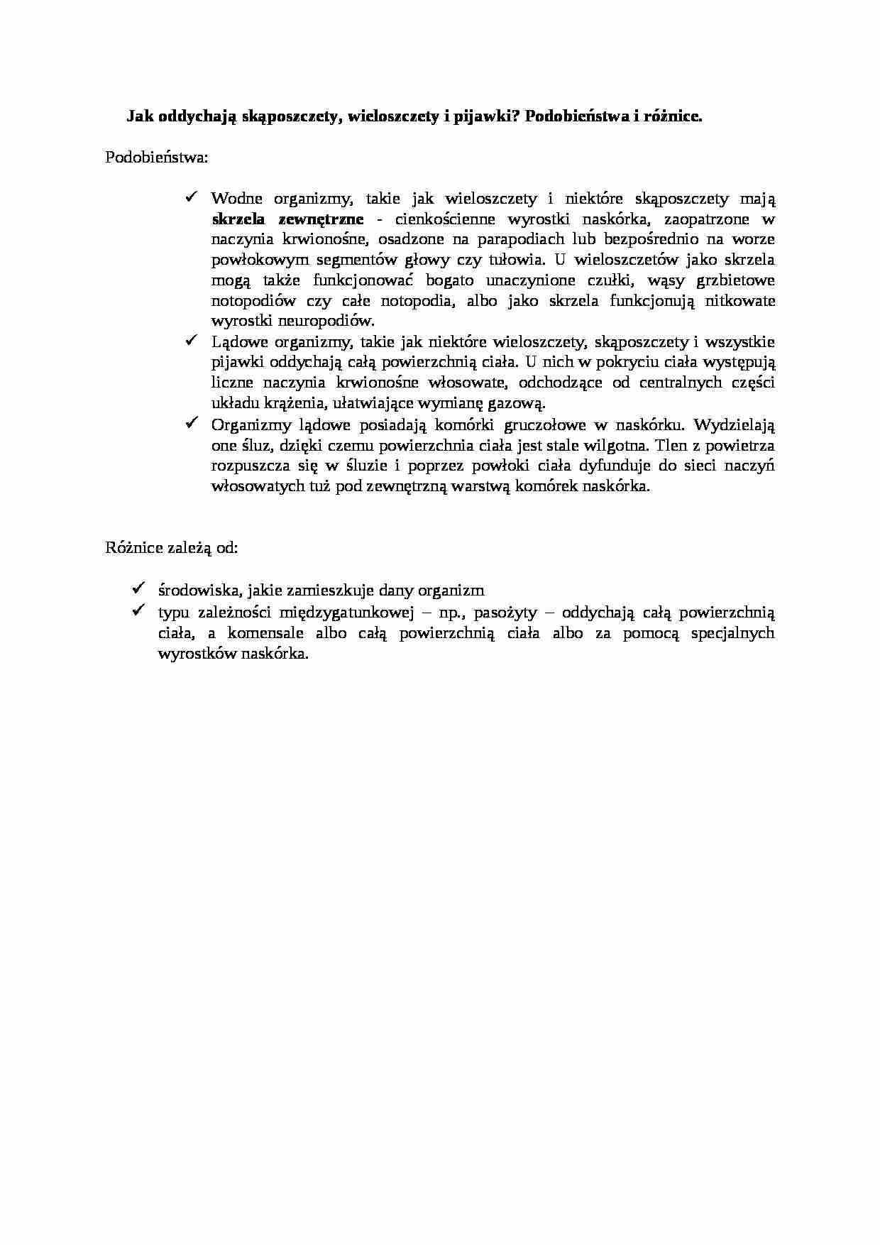 Wykład - oddychanie skąposzczet, wieloszczęt, pijawek - strona 1