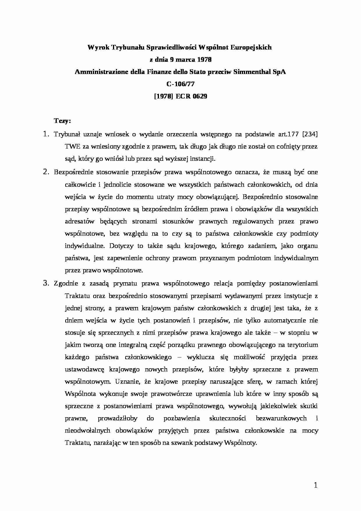 Prawo instytucjonalne Unii Europejskiej - Simmenthal - omówienie - strona 1