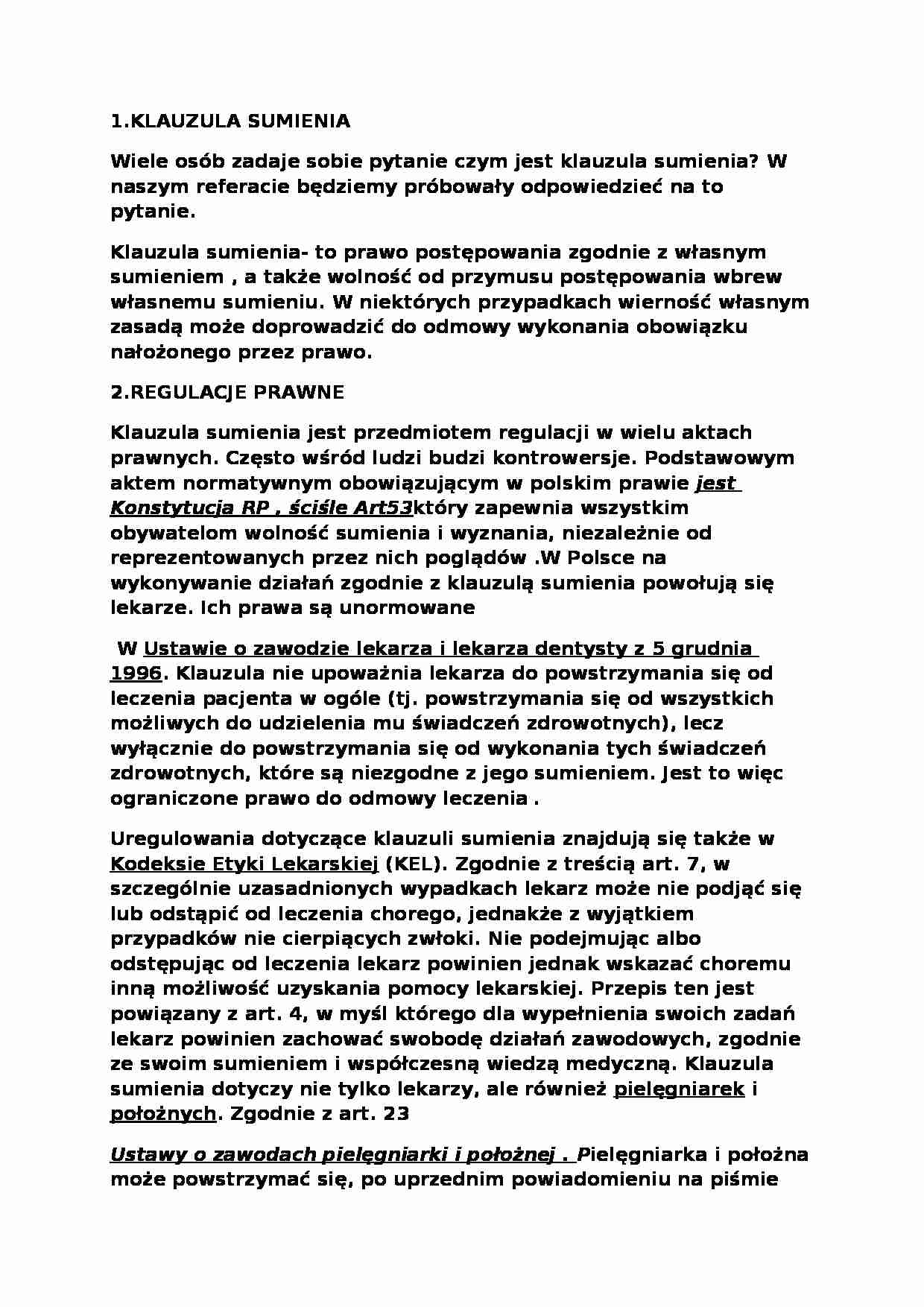Referat - klauzula sumienia - strona 1