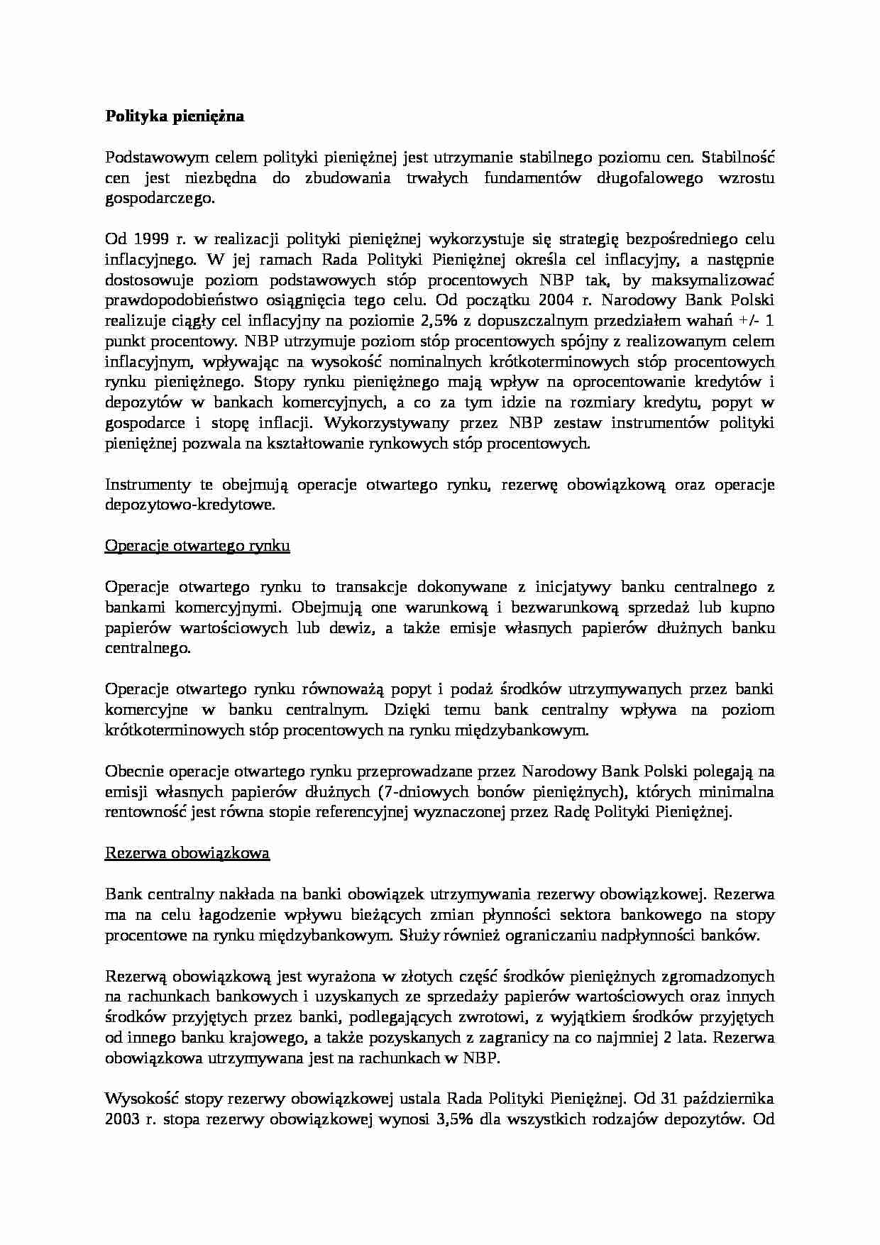 Finanse - Polityka pieniężna  - strona 1