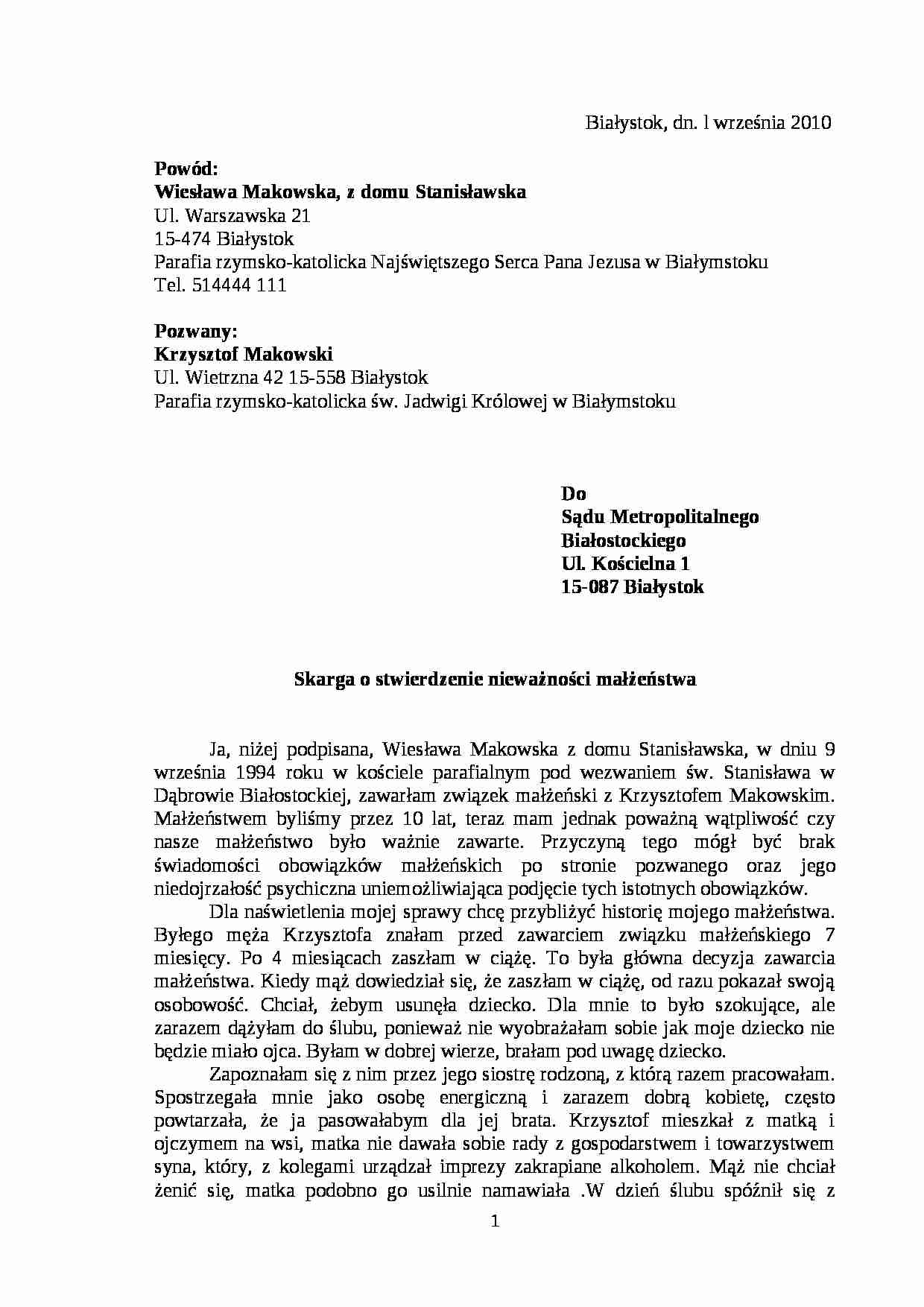 Przykład skargi - Nieważność małżeńska - strona 1