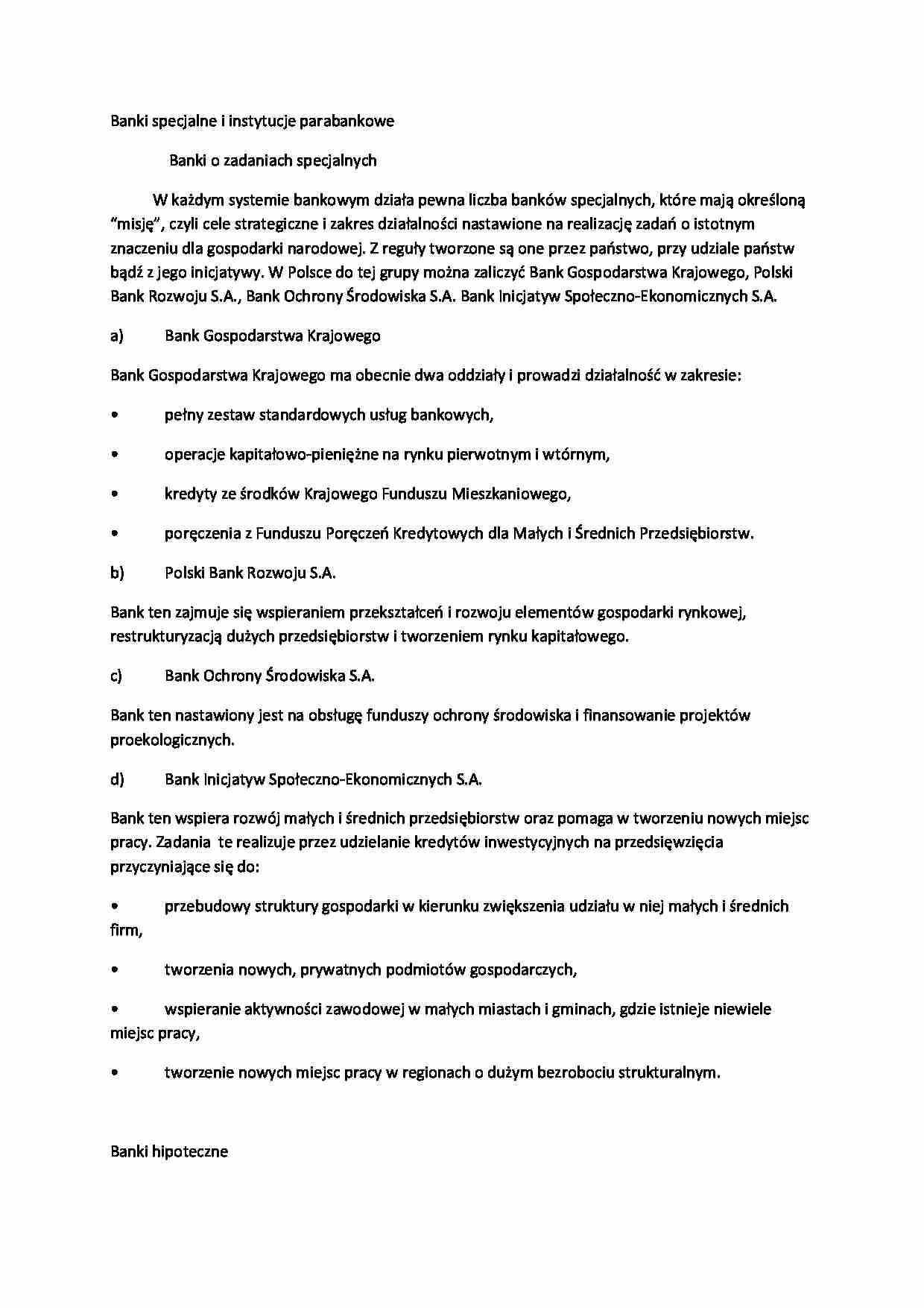 Banki specjalne i instytucje parabankowe - wykład - strona 1