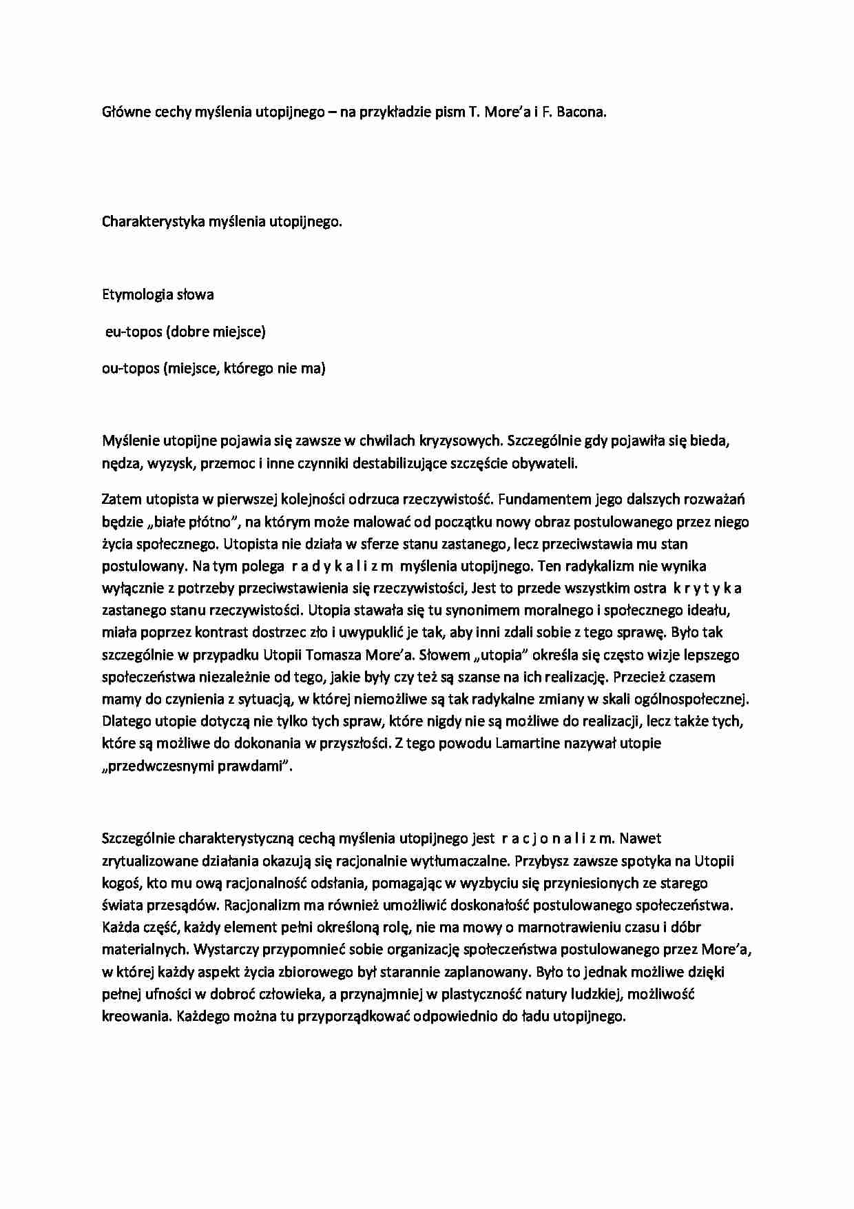 Główne cechy myślenia utopijnego - wykład, 2sem - strona 1