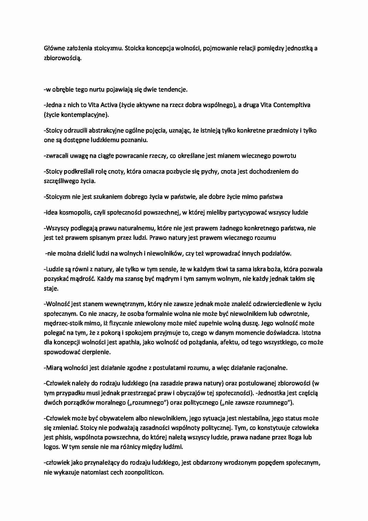 Główne założenia stoicyzmu - wykład, 2 sem - strona 1