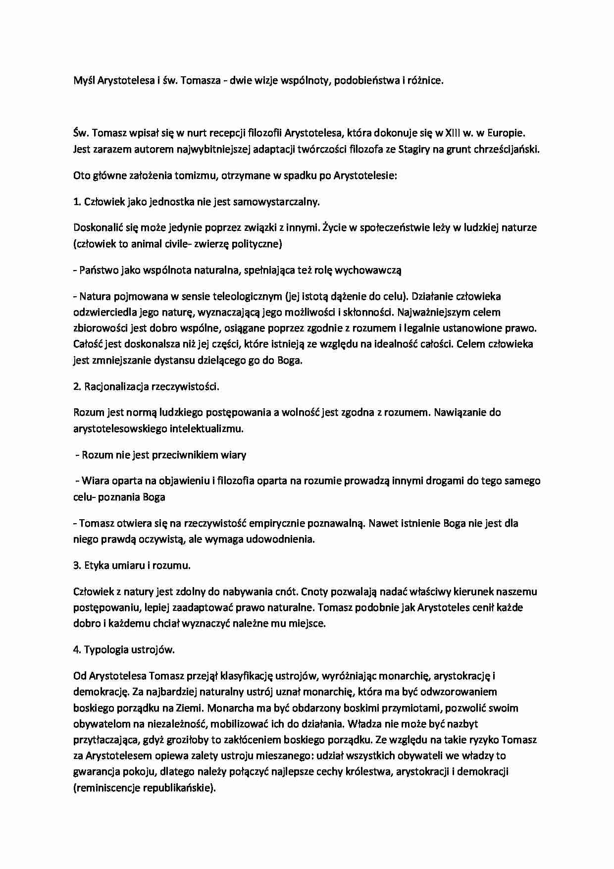 Arystoteles i św. Tomasz - podobieństwa i różnice - wykład, 2sem - strona 1