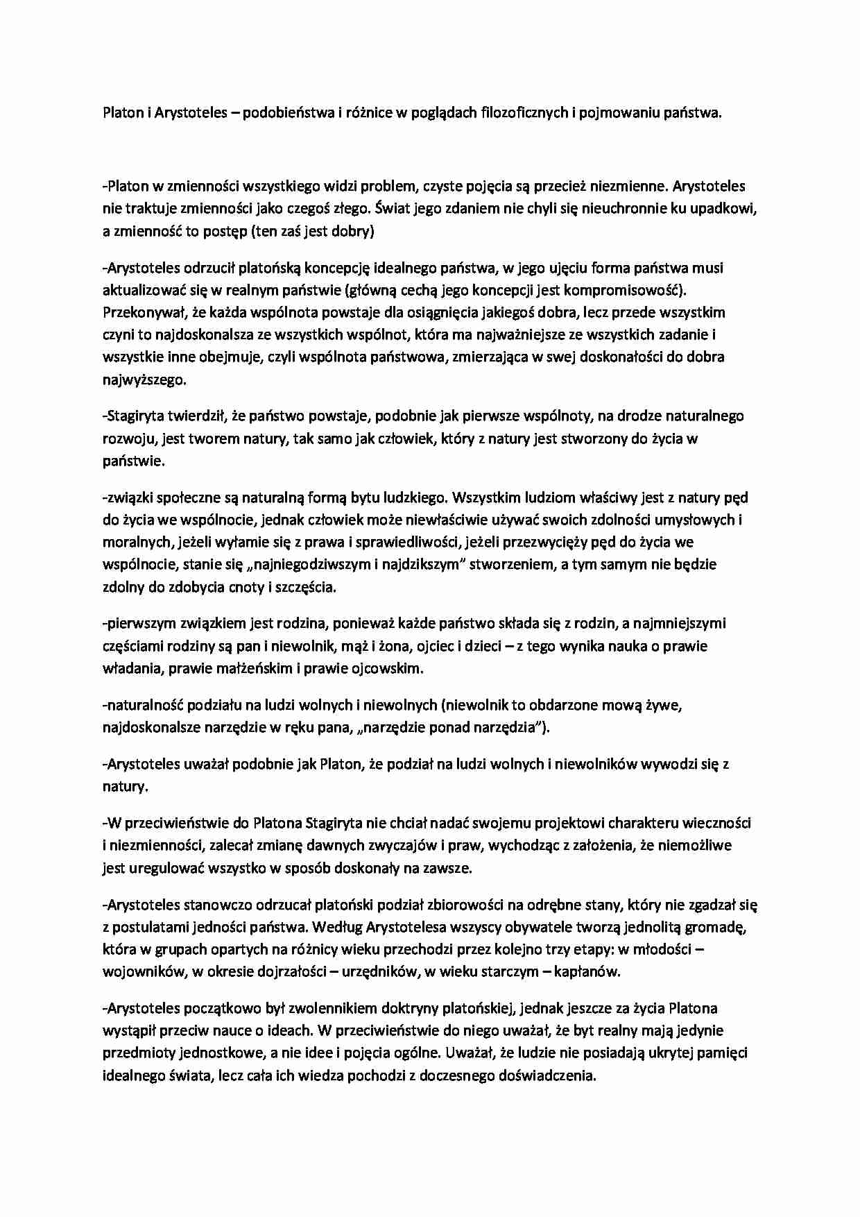 Platon i Arystoteles - podobieństwa i różnice - wykład, 2sem - strona 1