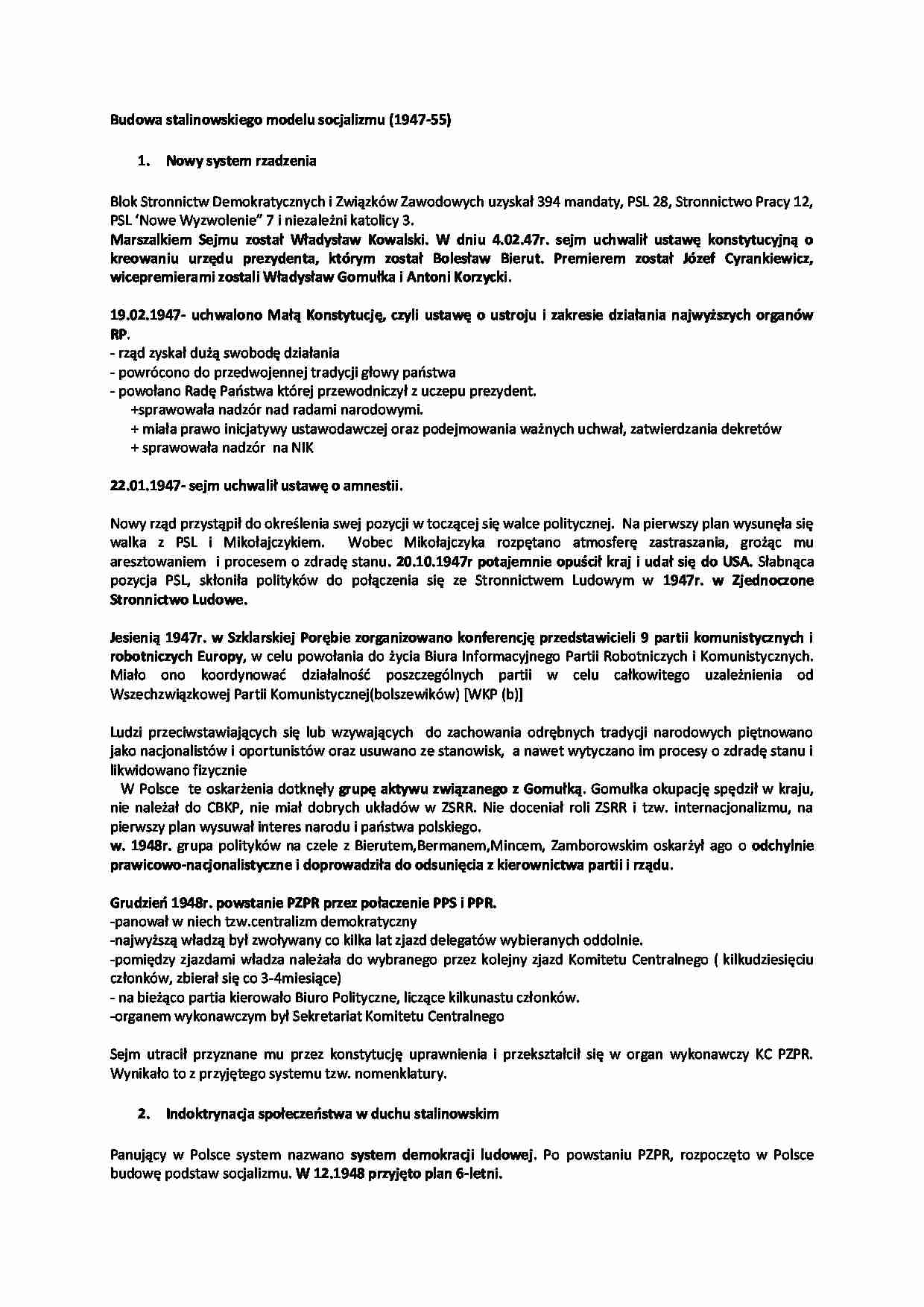 Budowa stalinowskiego modelu socjalizmu - wykład, 2 sem - strona 1