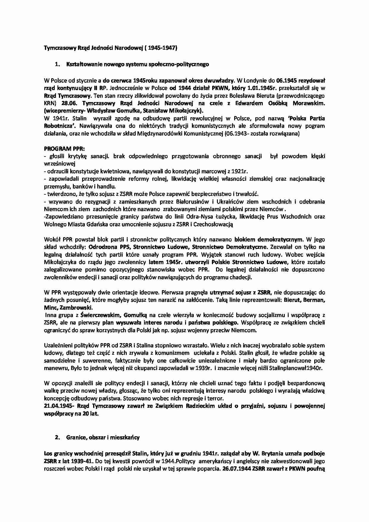 Tymczasowy Rząd Jedności Narodowej 1945-47 - wykład, 2sem - strona 1