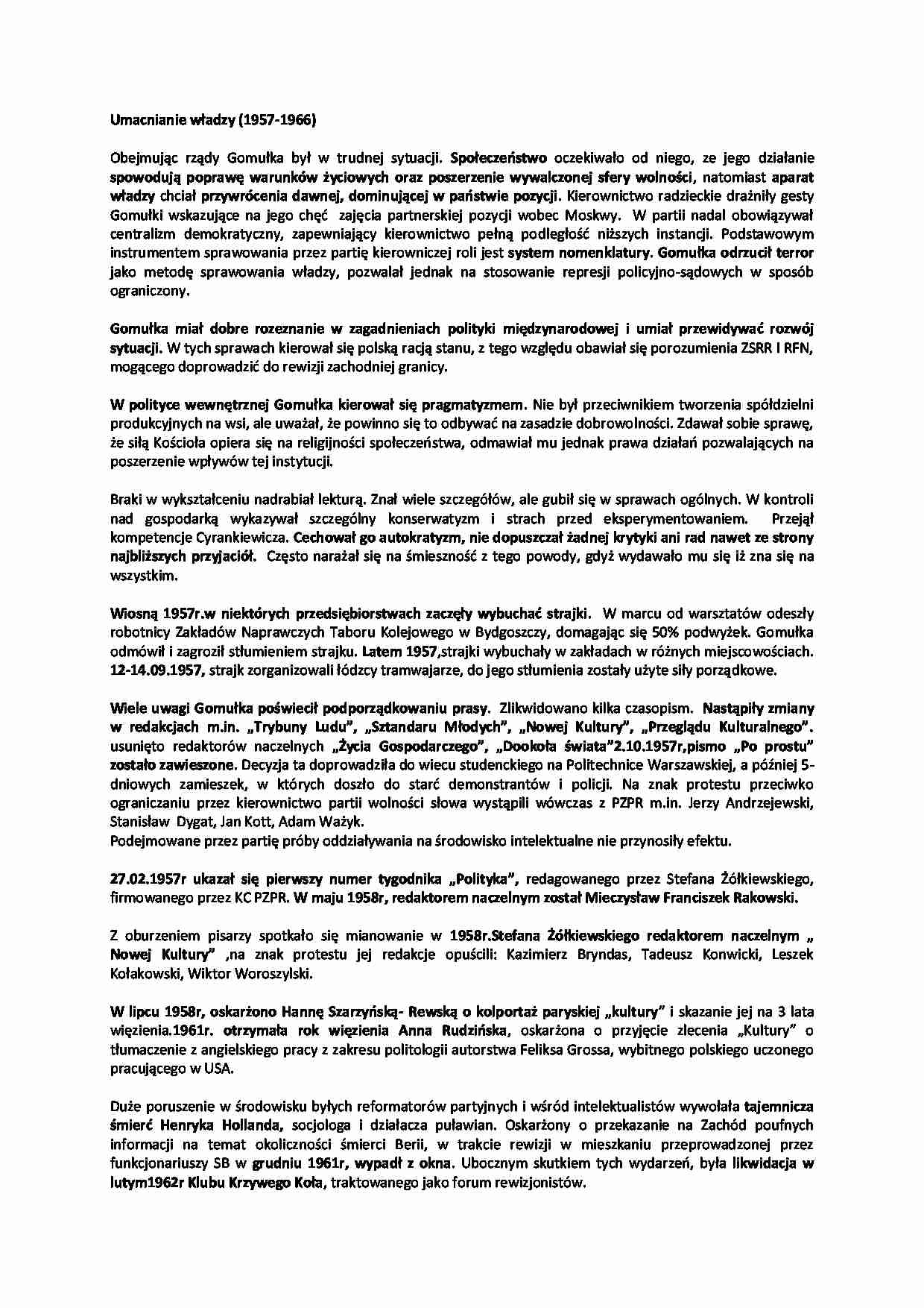 Umacnianie władzy(1957-1966) - wykład, 2sem - strona 1