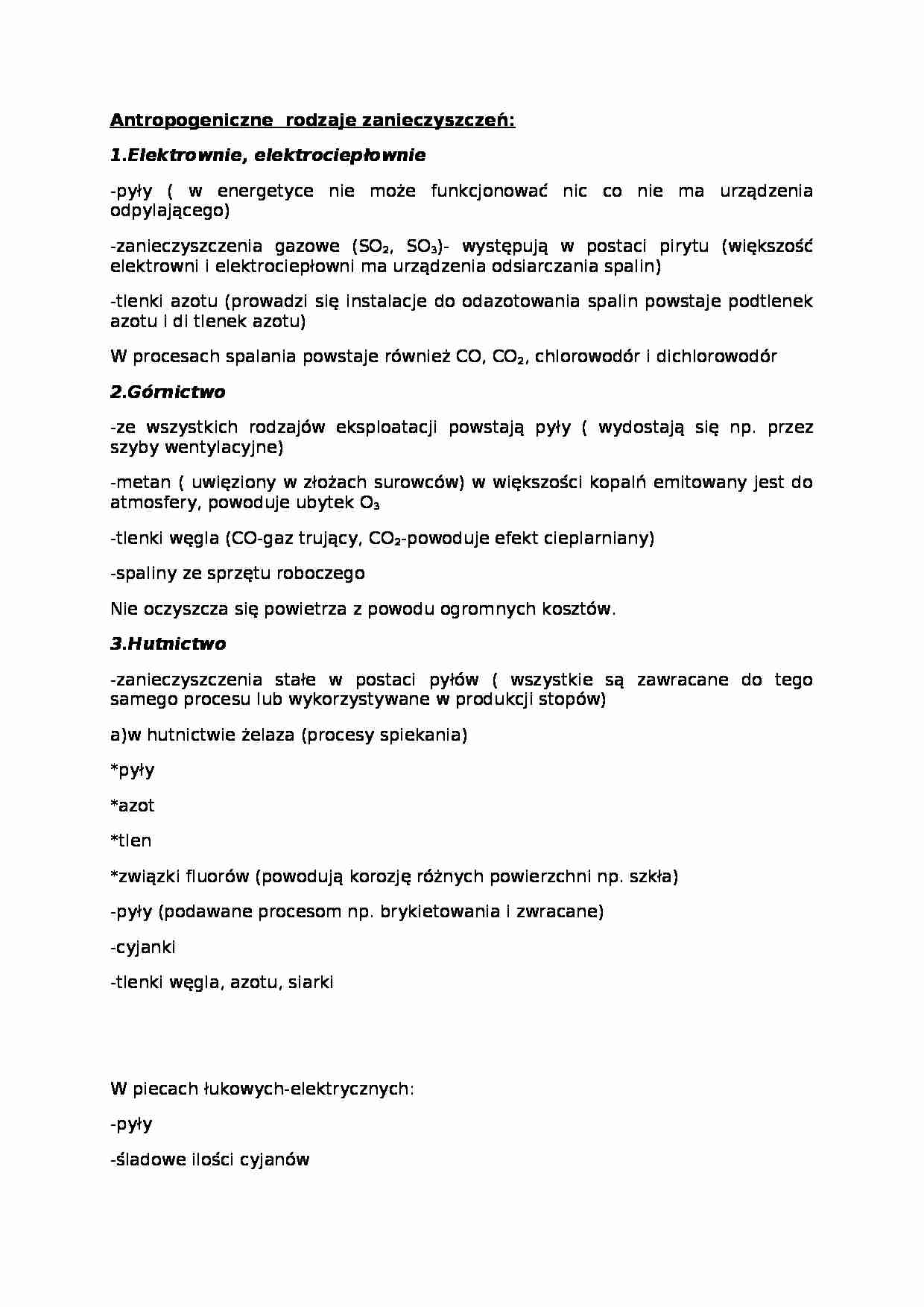 Antropogeniczne  rodzaje zanieczyszczeń Górnictwo Elektrownie, elektrociepłownie Hutnictwo  Przemysł materiałów budowlanych i produkcja cementu Transport - strona 1