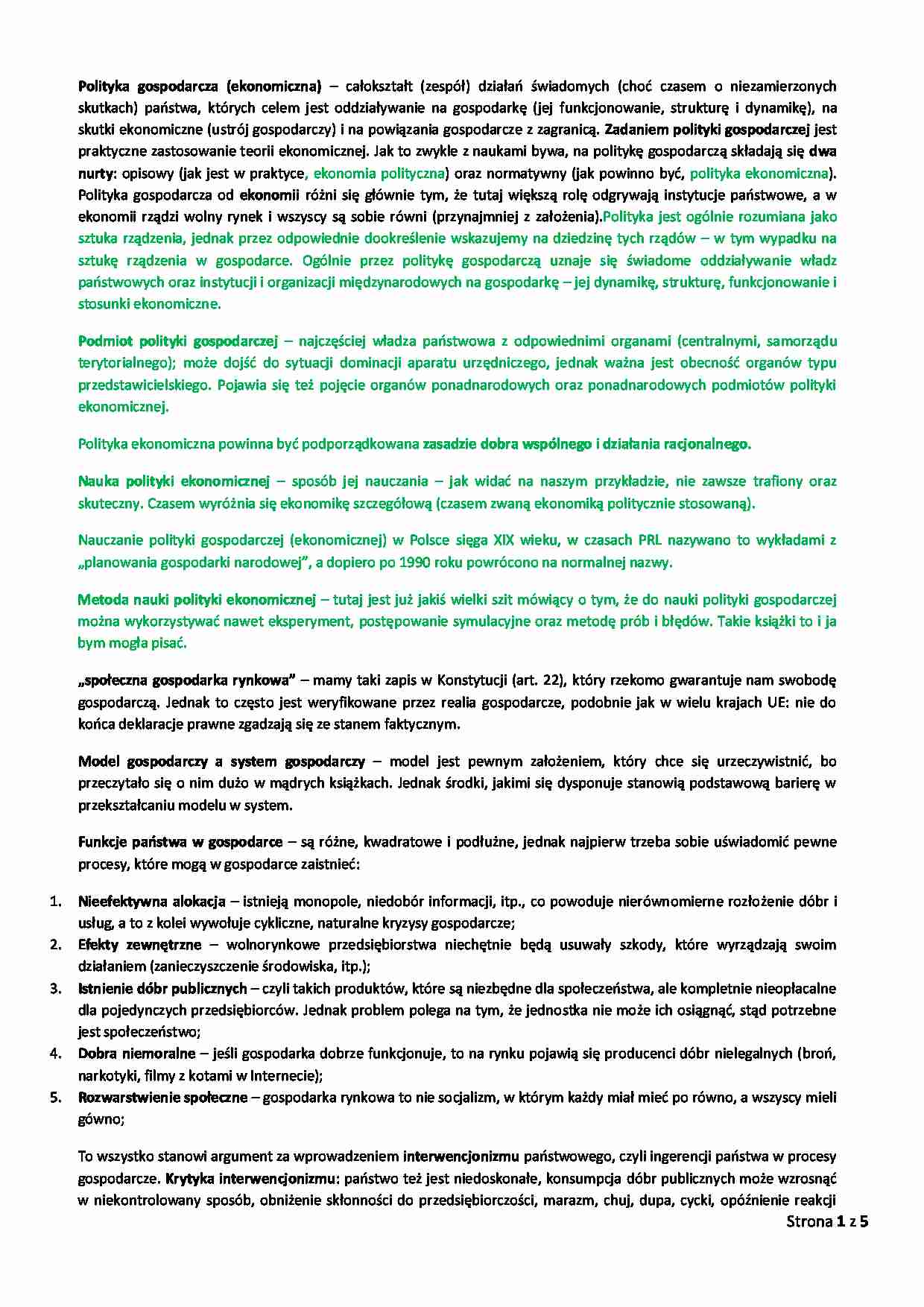 Polityka gospodarcza - wykład z głównych pojęć - strona 1