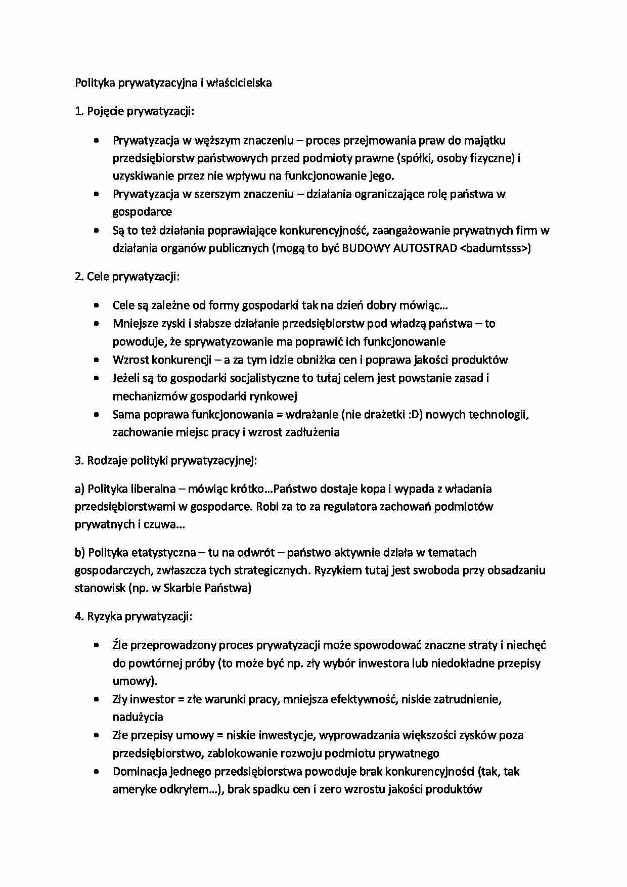 Polityka prywatyzacyjna i właścicielska - wykład - strona 1