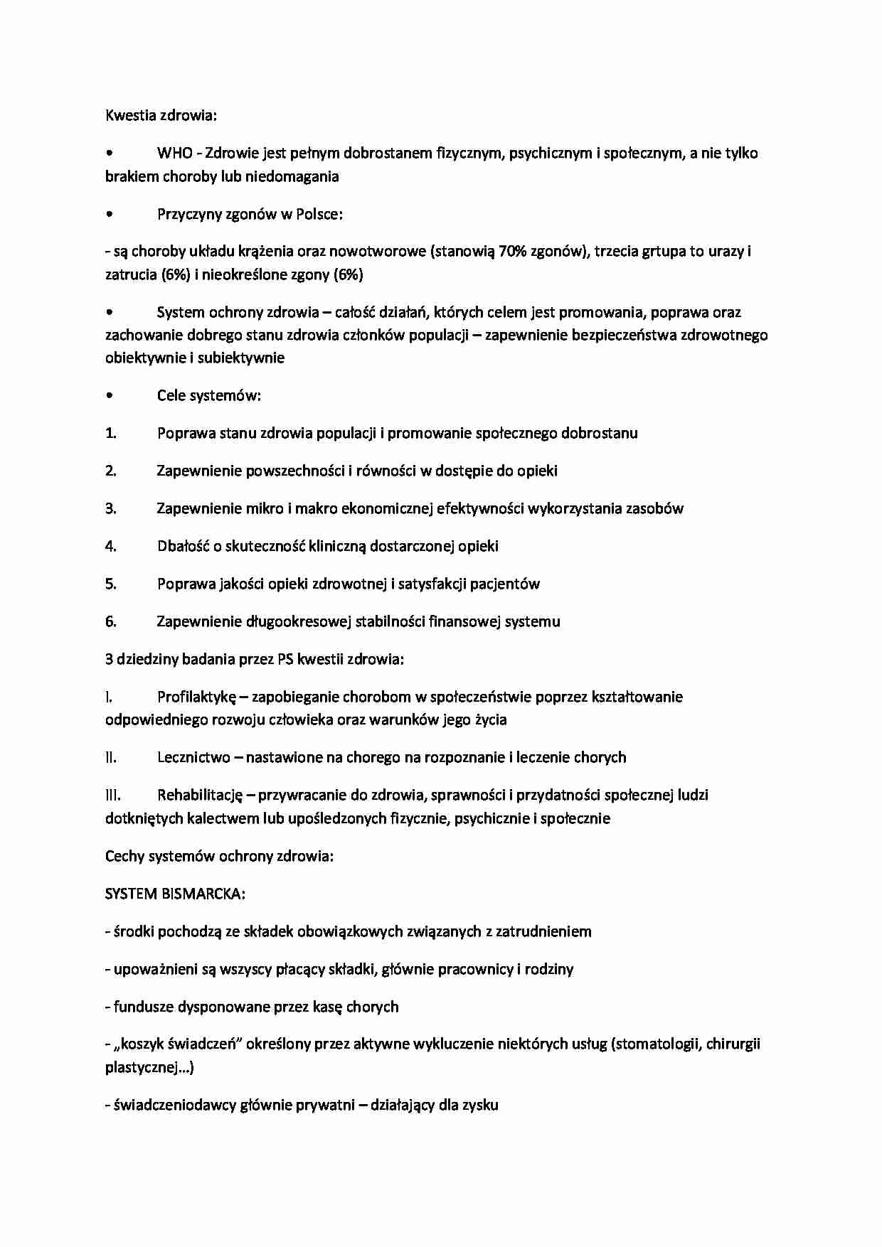 Cechy systemów ochrony zdrowia - wykład, 6sem - strona 1
