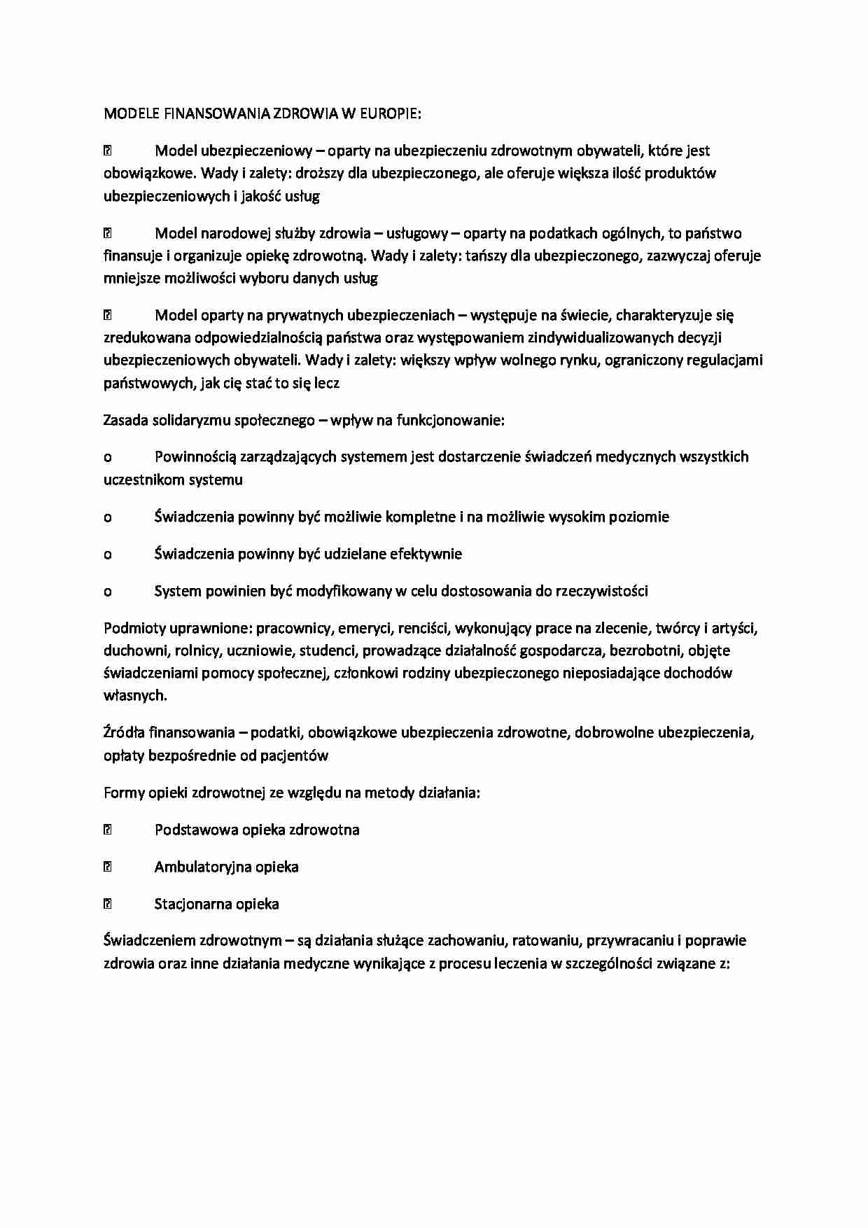 Modele finansowania zdrowia w Europie - wykład, 6sem - strona 1