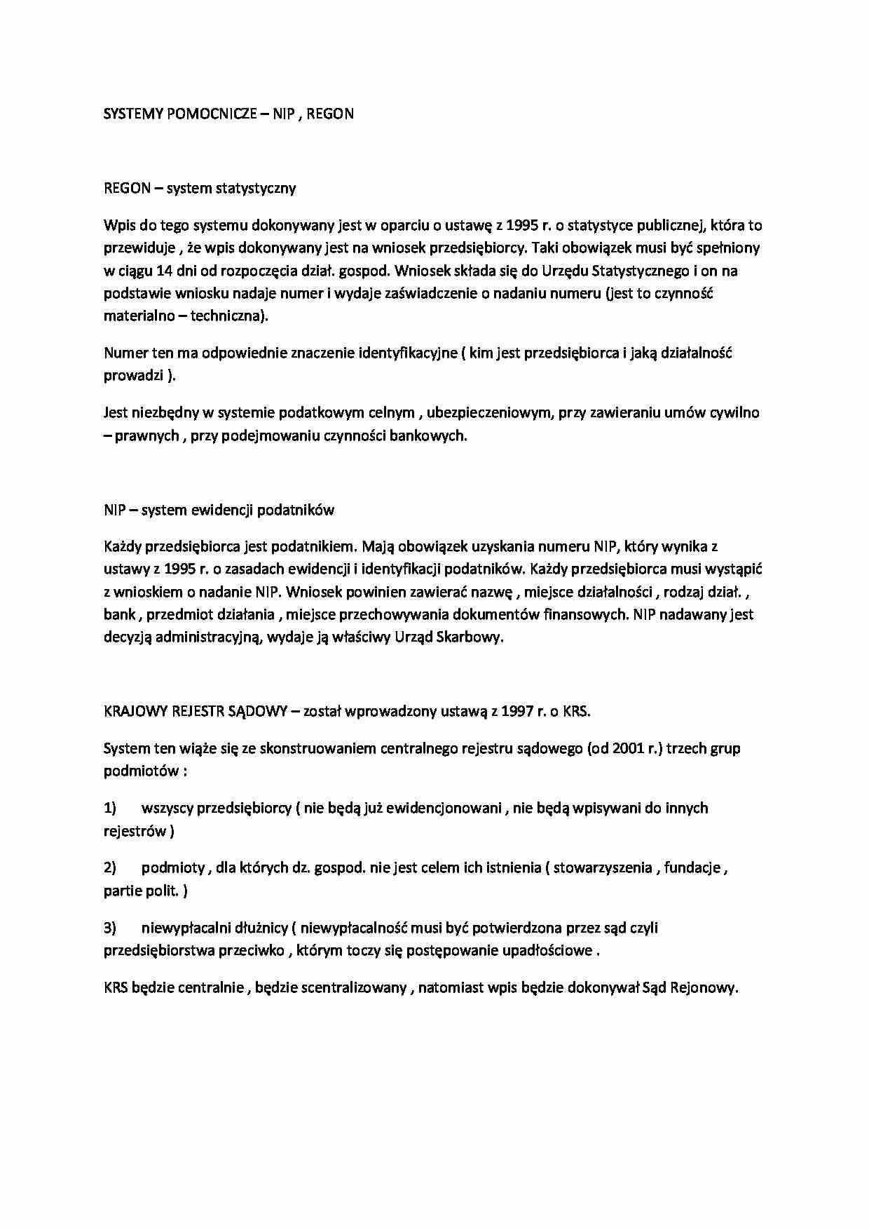Systemy pomocnicze NIP, REGON - wykład - strona 1