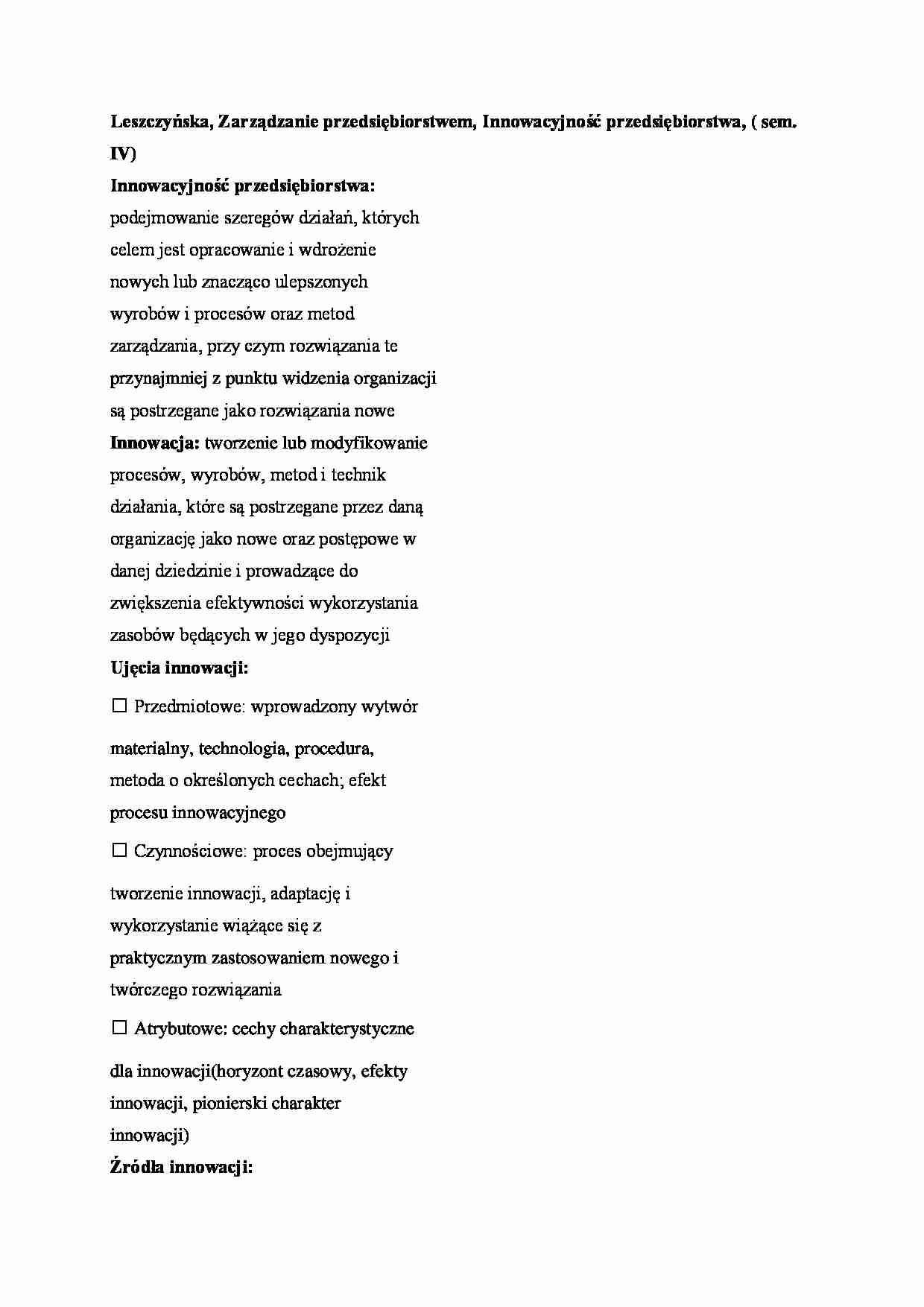 Innowacyjność przedsiębiorstwa, ( sem. IV) - strona 1