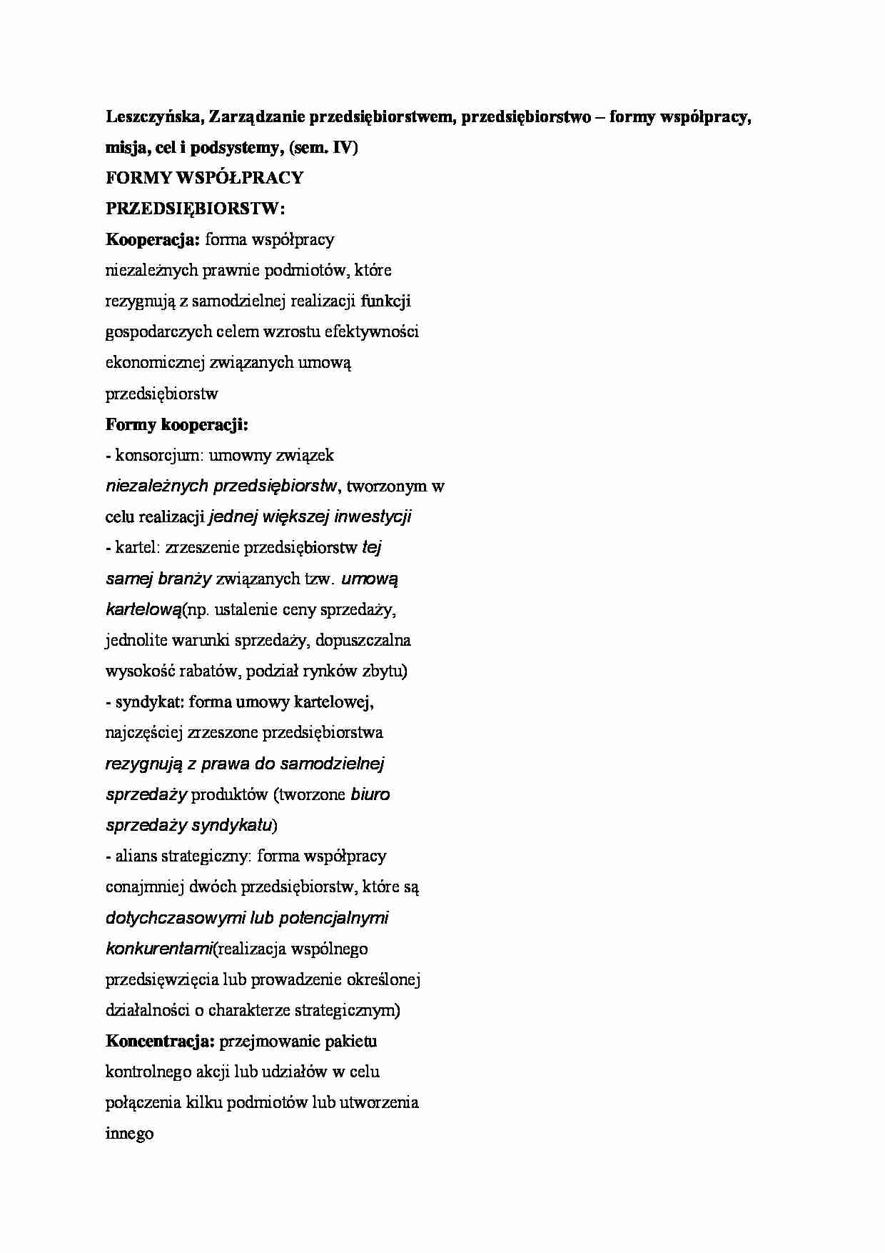 Przedsiębiorstwo  formy współpracy, misja, cel i podsystemy, (sem. IV) - strona 1