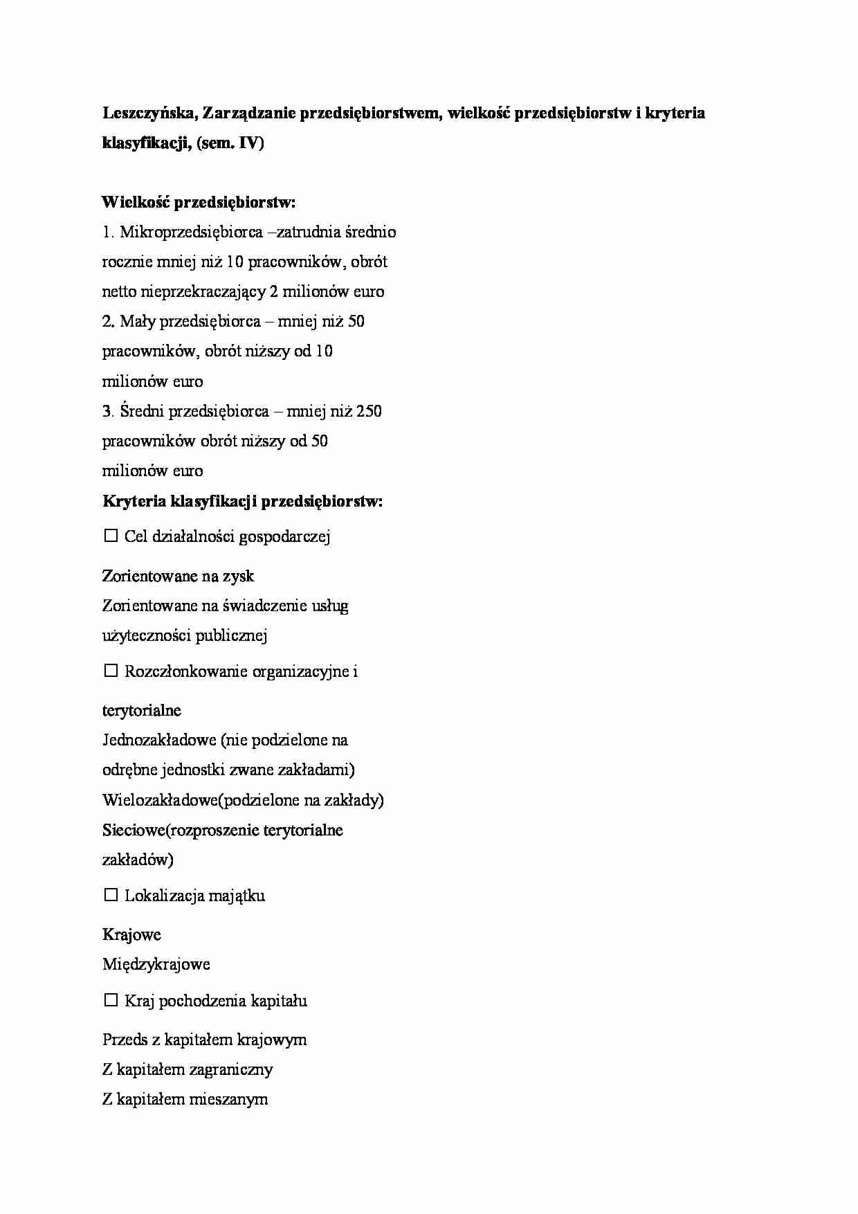 Wielkość przedsiśbiorstw i kryteria klasyfikacji, (sem. IV) - strona 1