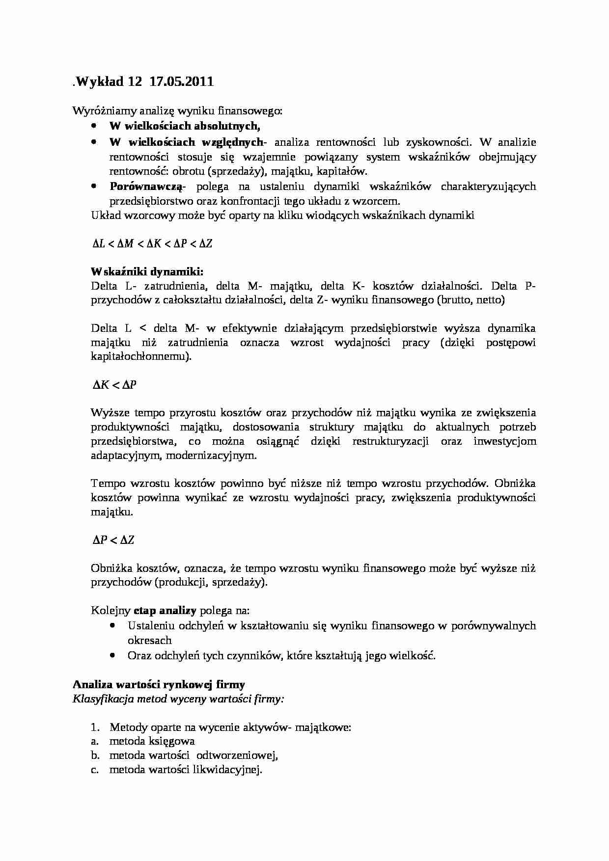 Analiza ekonomiczno-finansowa, wykład 12 (SEM IV) - strona 1