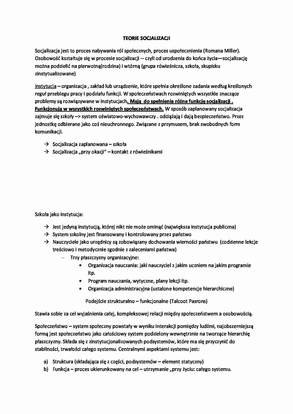Socjologia edukacji - teorie socjalizacji - omówienie - strona 1