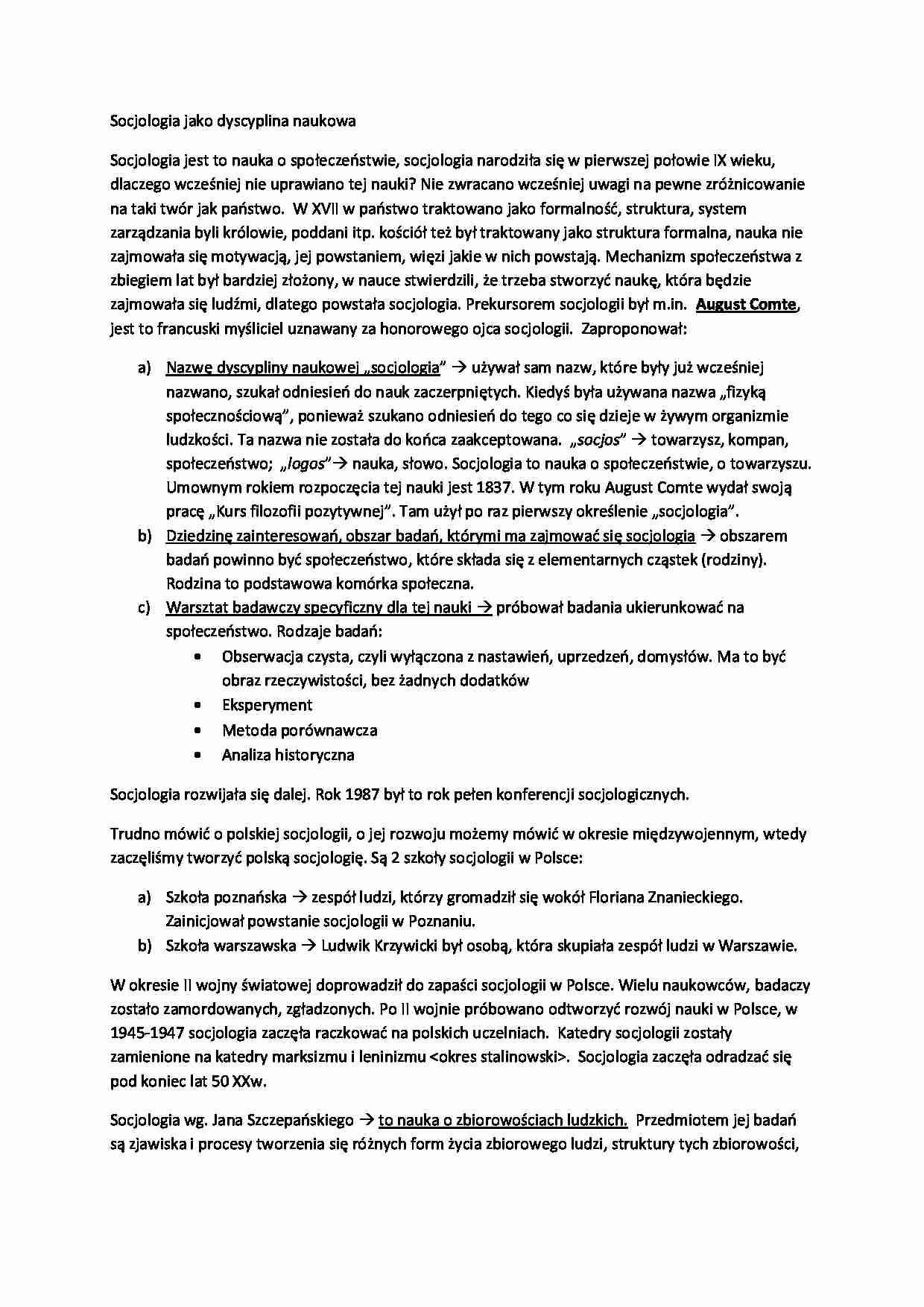 Socjologia jako dyscyplina naukowa - omówienie - strona 1