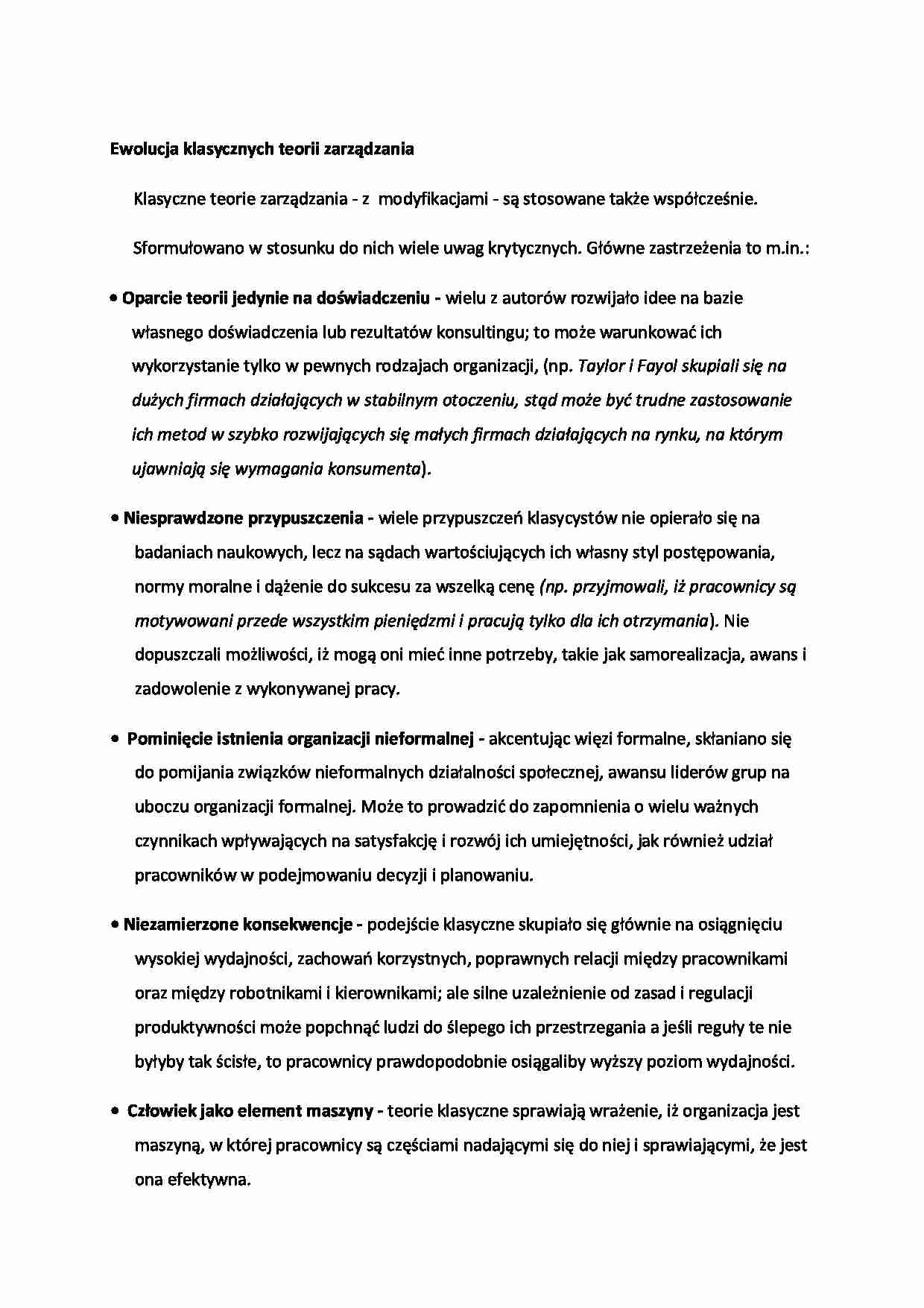 Ewolucja klasycznych teorii zarządzania, (sem I) - strona 1