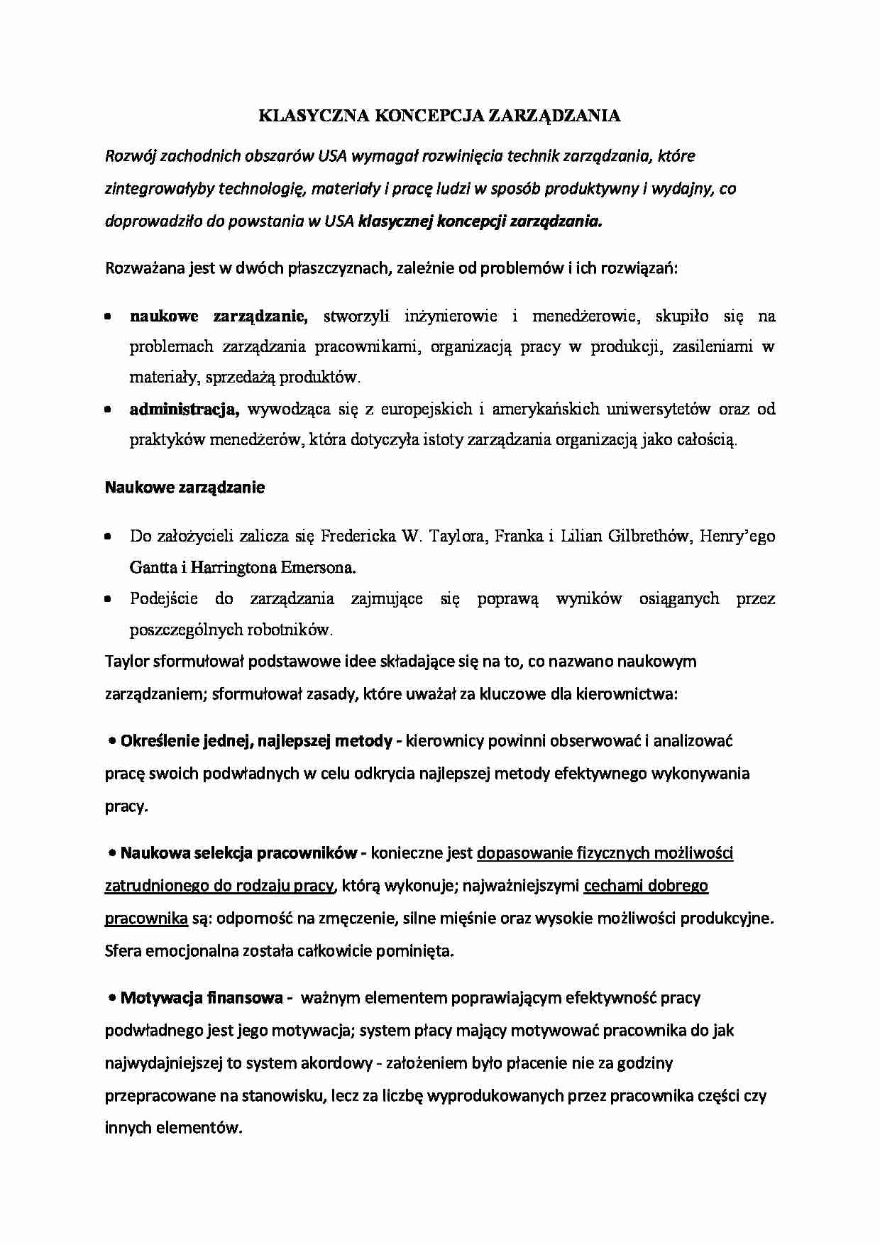 Klasyczna koncepcja zarządzania, (sem I) - strona 1