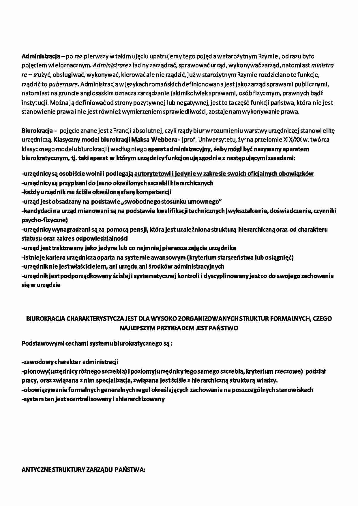 Historia administracji - skrypt - Biurokracja - strona 1