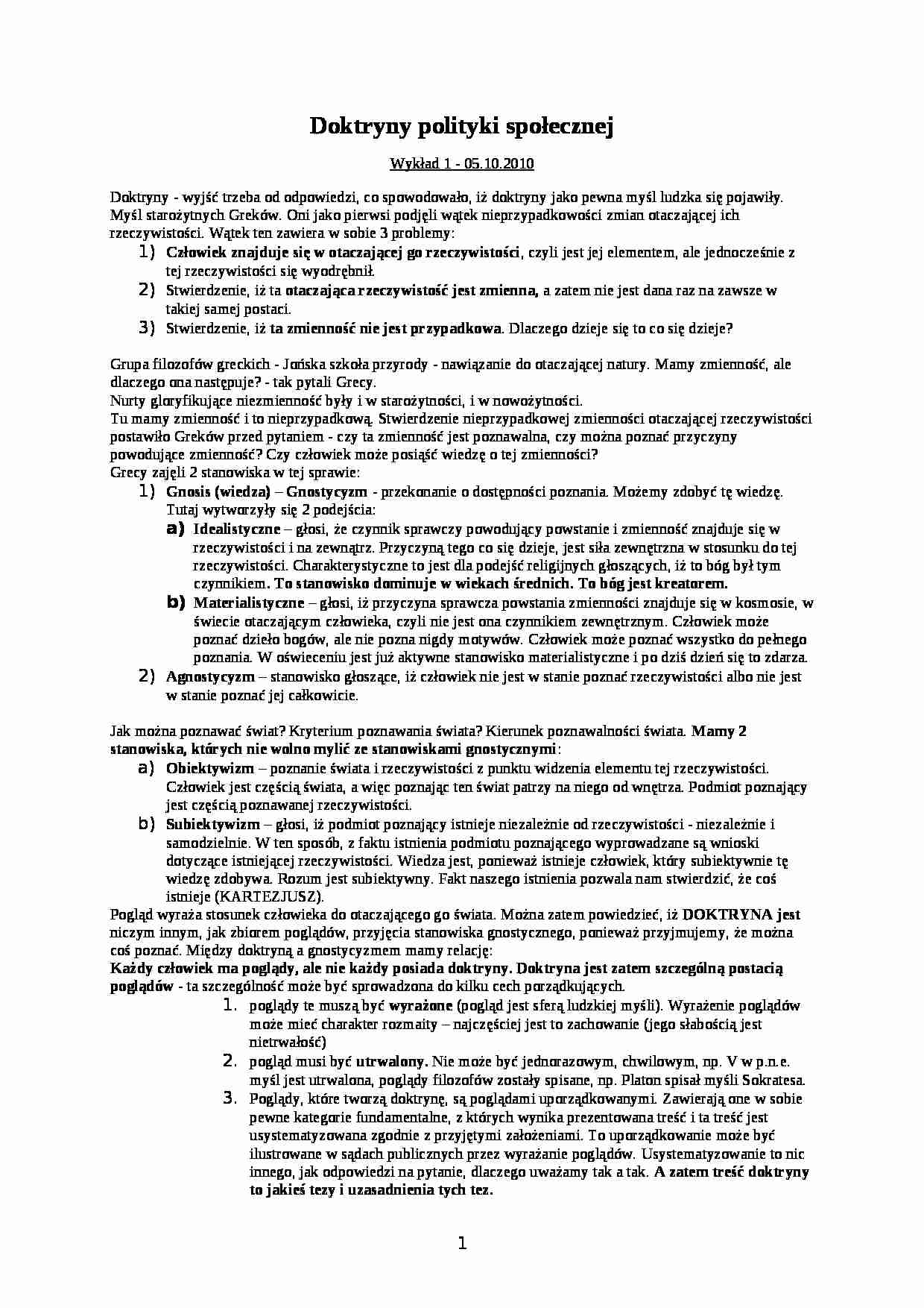 Doktryny polityki społecznej - wykład - strona 1