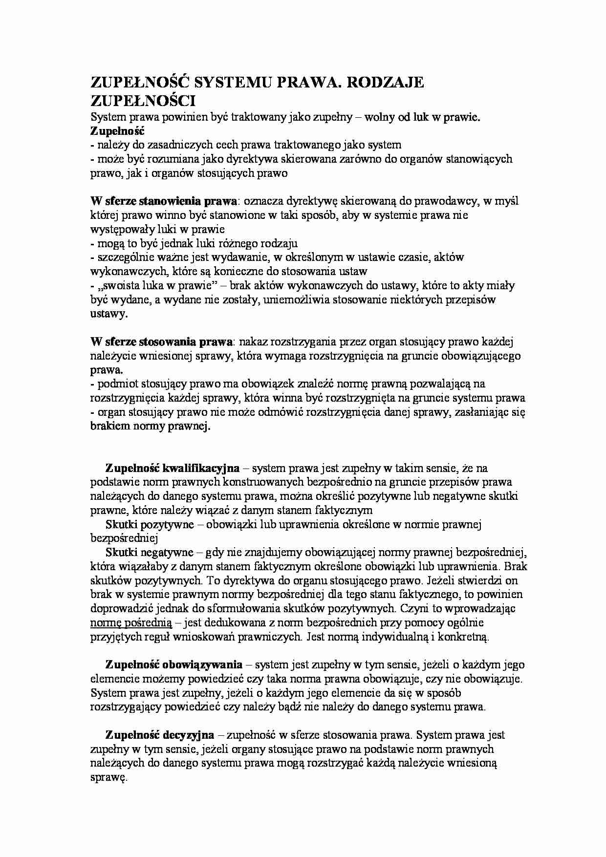 Reguły kolizyjne, Zupełność systemu prawa, Luka w prawie - wykład - strona 1