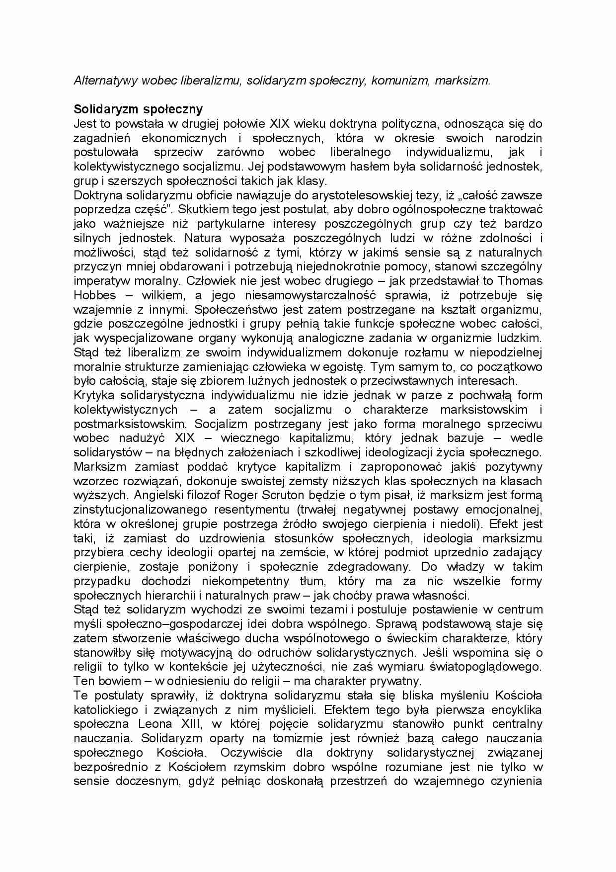 Alternatywy wobec liberalizmu, solidaryzm społeczny, komunizm, marksizm - wykład - strona 1