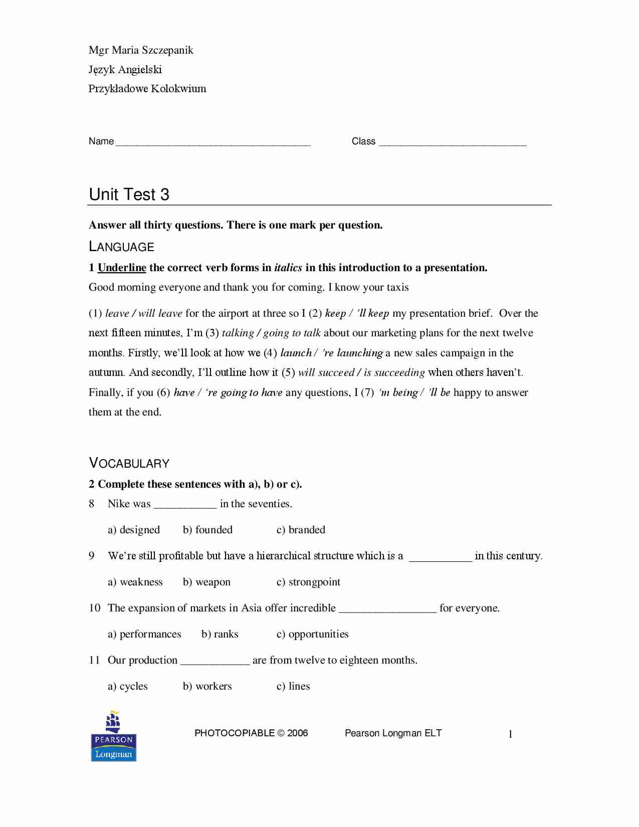 Przykładowe Kolokwium - angielski - strona 1