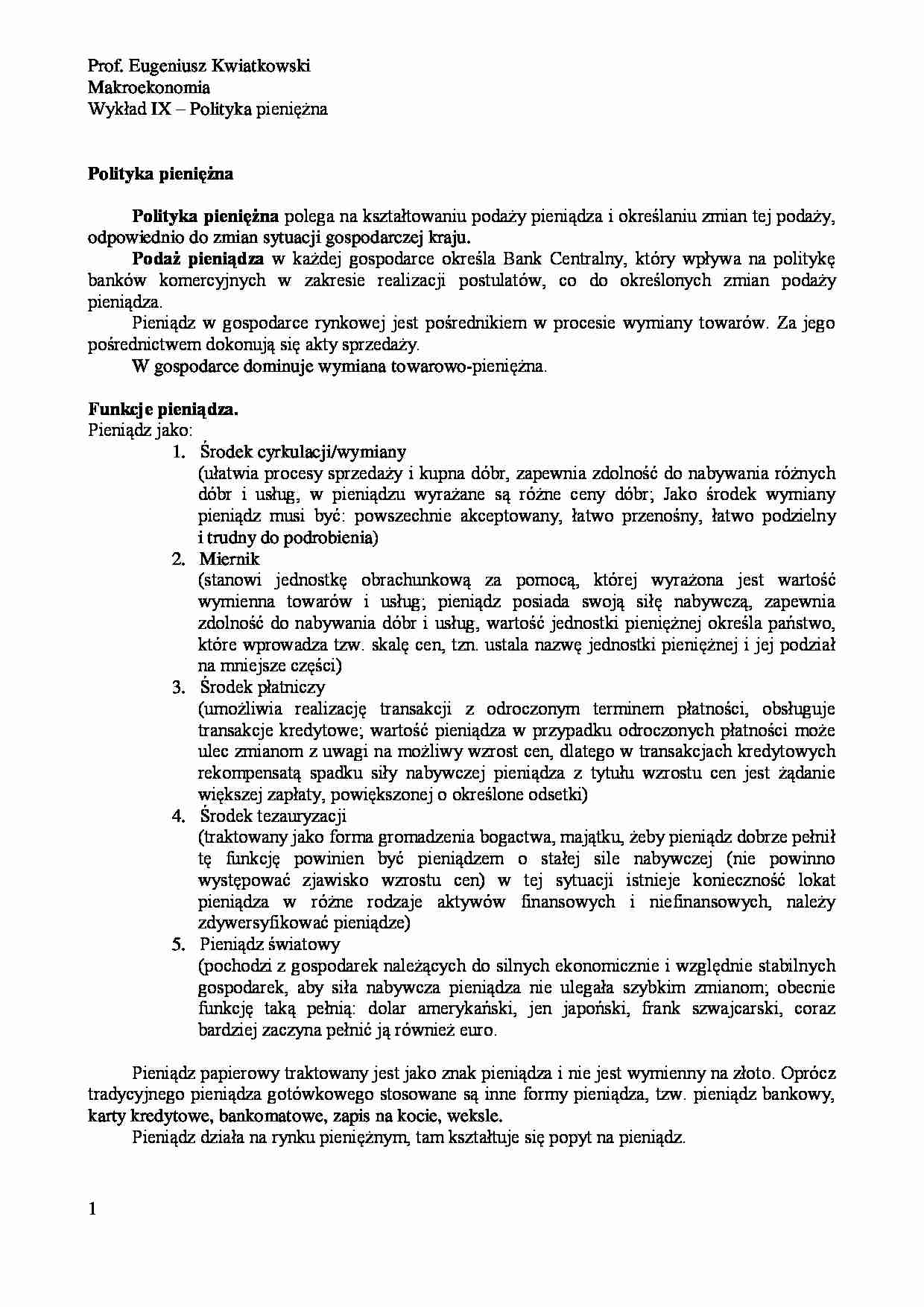 Polityka pieniężna - wykład - strona 1