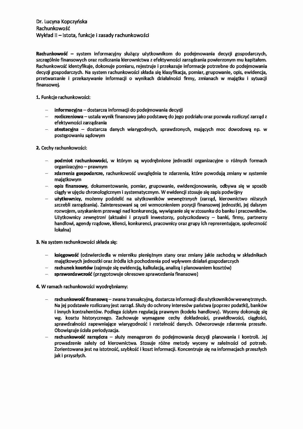 Istota, funkcje i zasady rachunkowości - wykład - strona 1