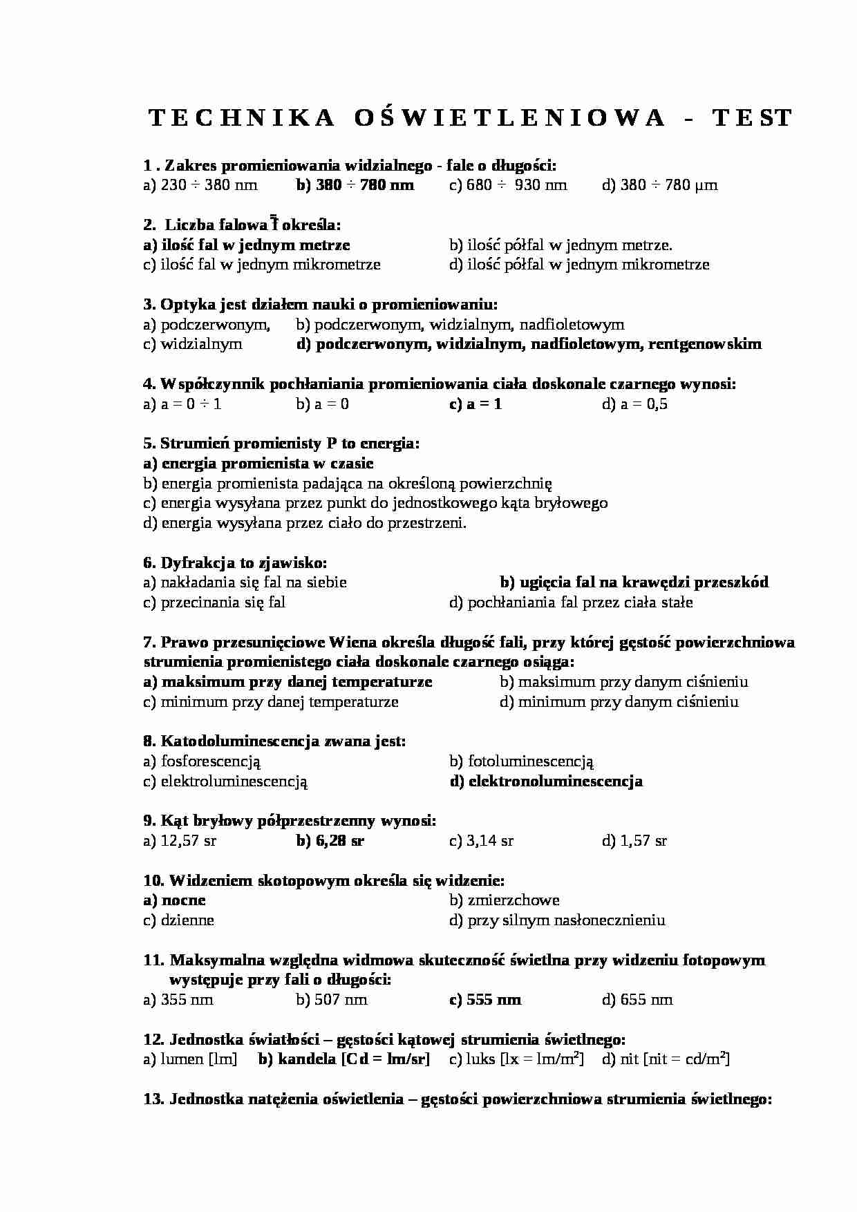 Technika oświetleniowa - test z wykładów - strona 1