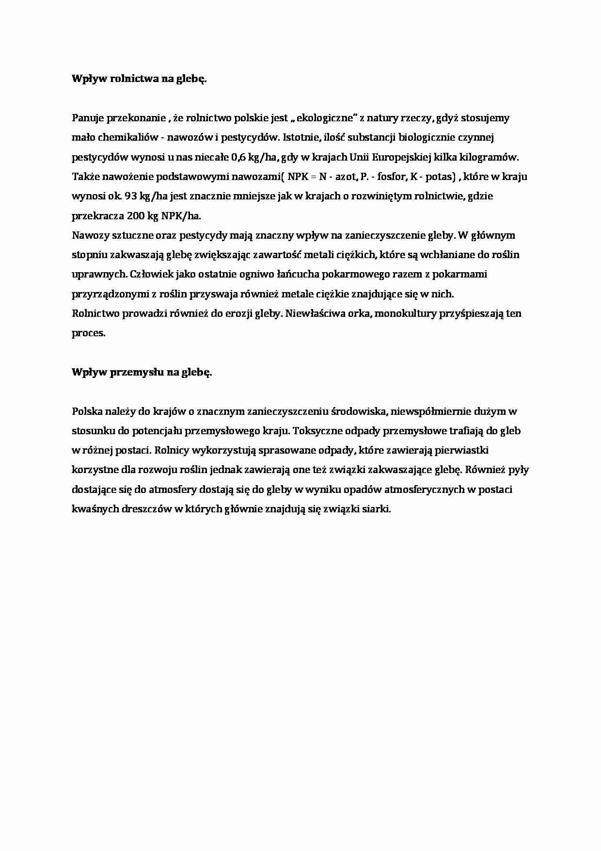 Wpływ rolnictwa i przemysłu na glebę - wykład - strona 1