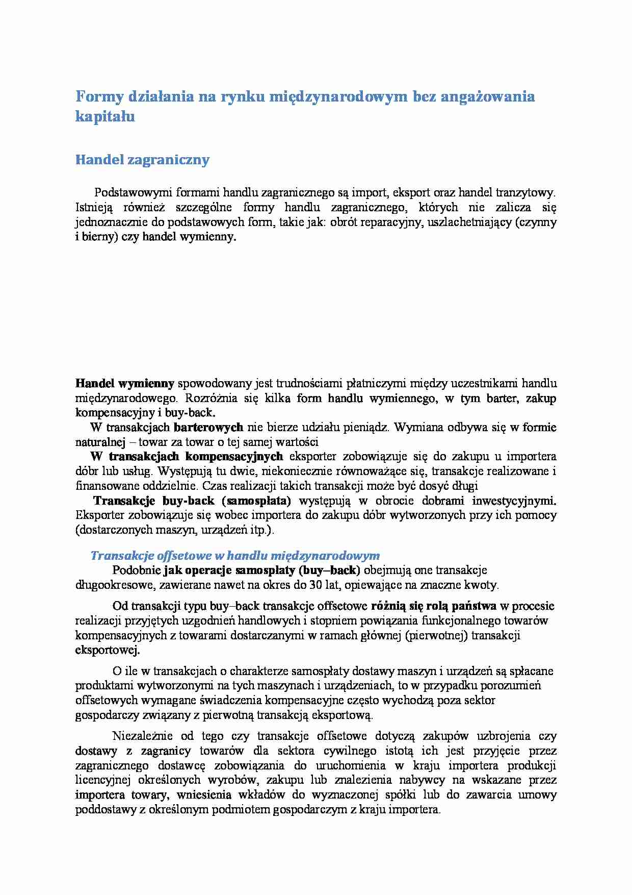 Formy działania na rynku międzynarodowym bez angażowania kapitału - strona 1