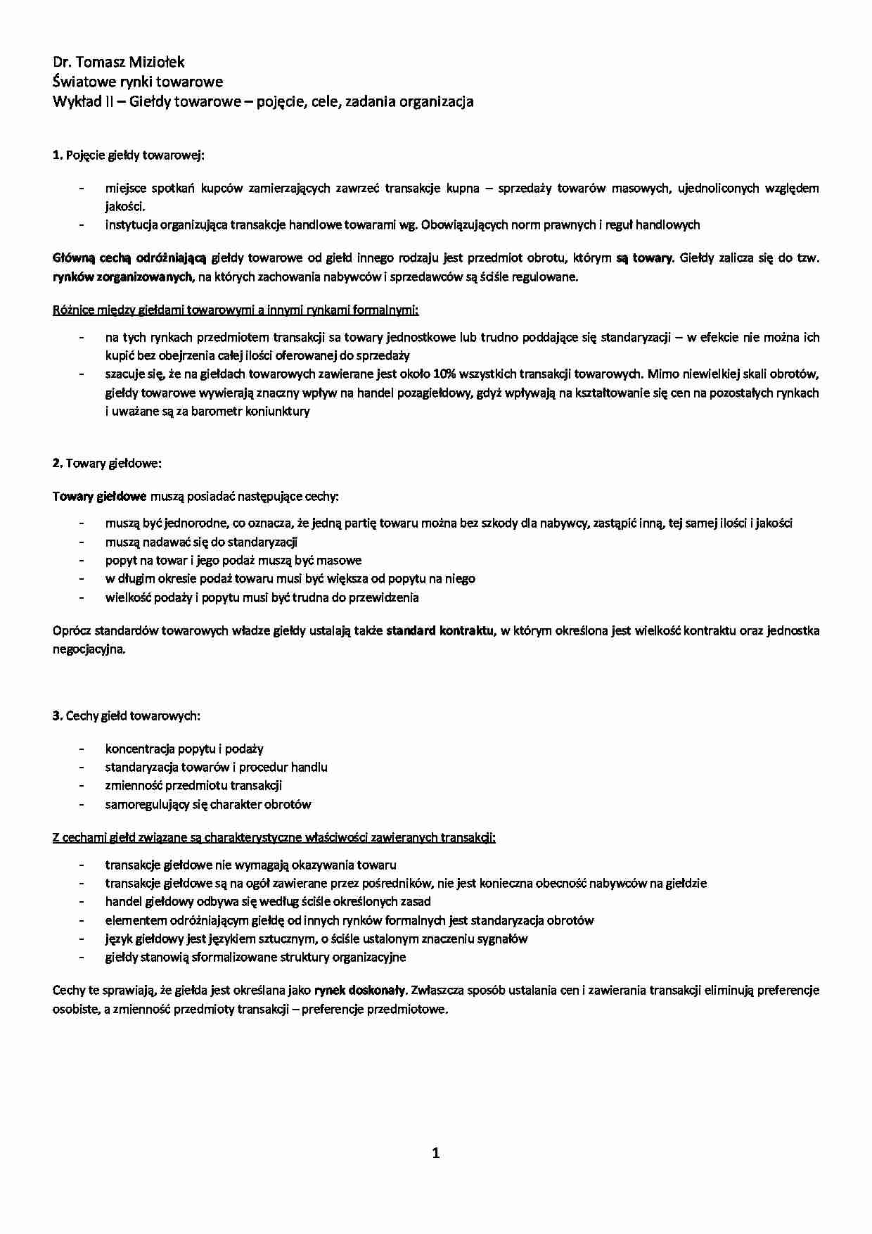 Giełdy towarowe - pojęcie, cele, zadania organizacja - wykład - strona 1
