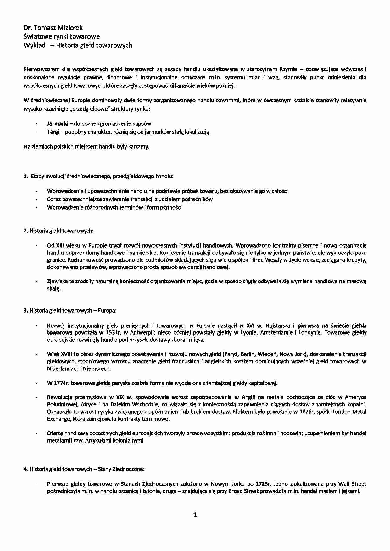 Historia giełd towarowych - wykład - strona 1