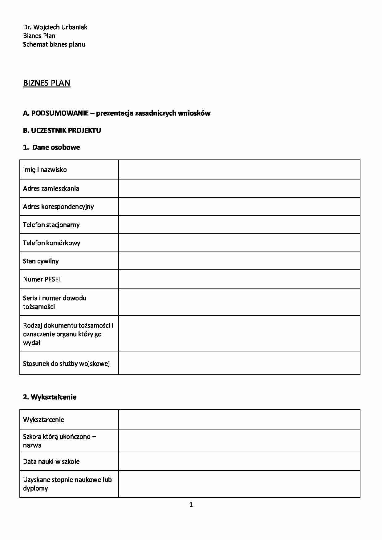 Schemat biznes planu - wykład - strona 1