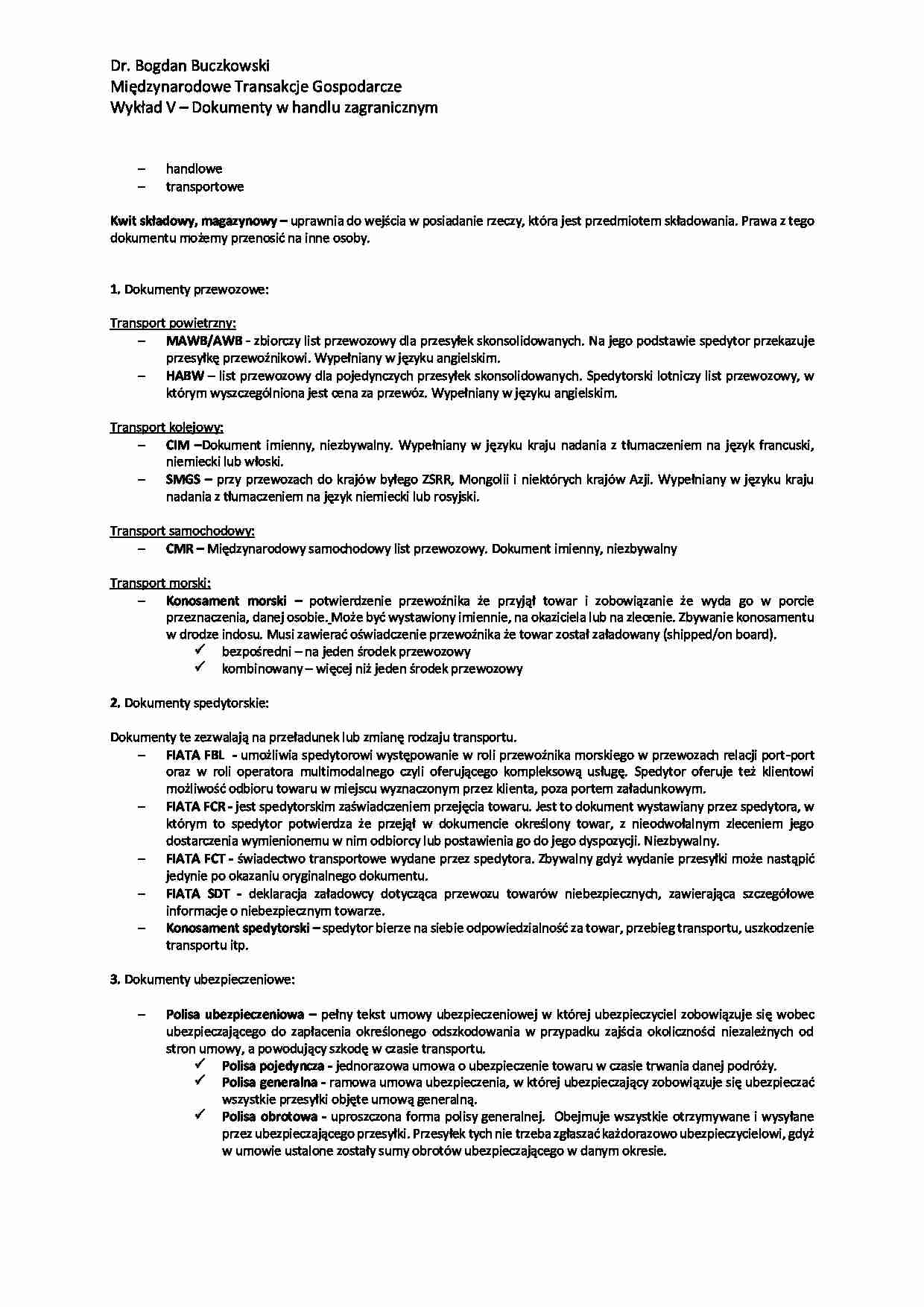 Dokumenty w handlu zagranicznym - wykład - strona 1