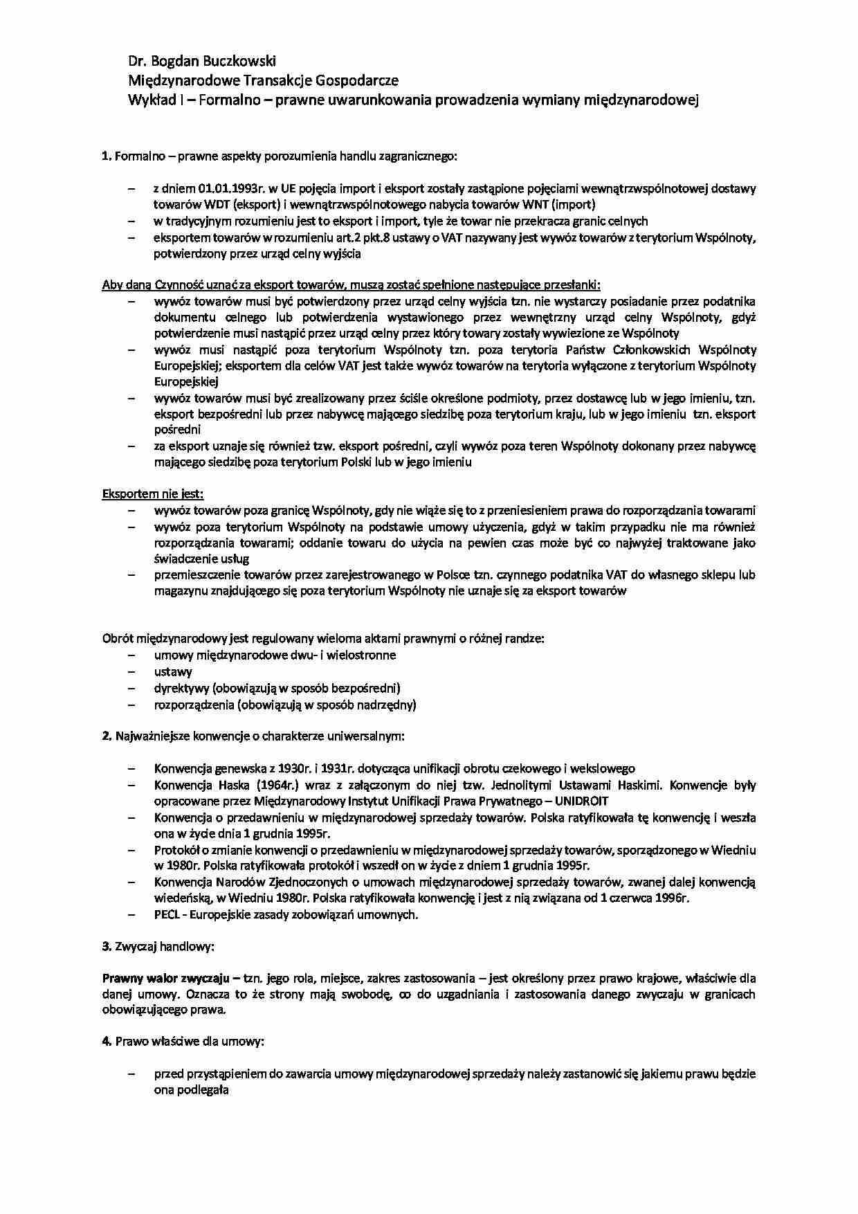 Formalności prawne uwarunkowania prowadzenia wymiany międzynarodowej - wykład - strona 1