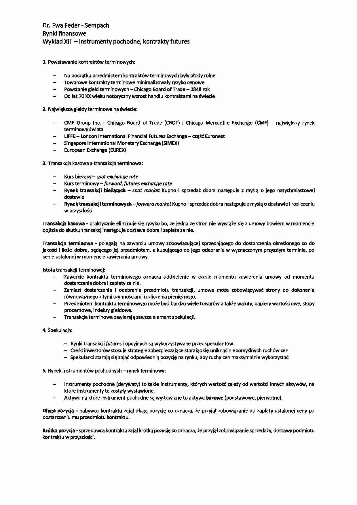 Instrumenty pochodne, kontrakty futures - wykład - strona 1