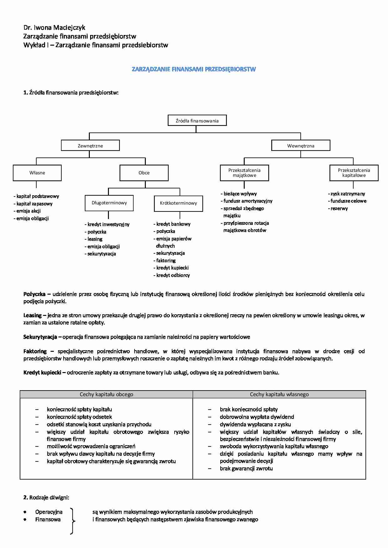 Zarządzanie finansami przedsiębiorstw - wykład - strona 1