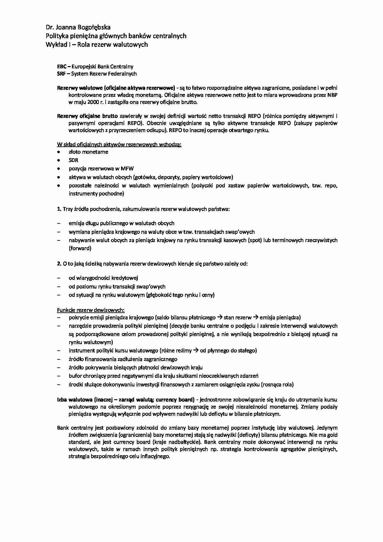 Rola rezerw walutowych - wykład - strona 1